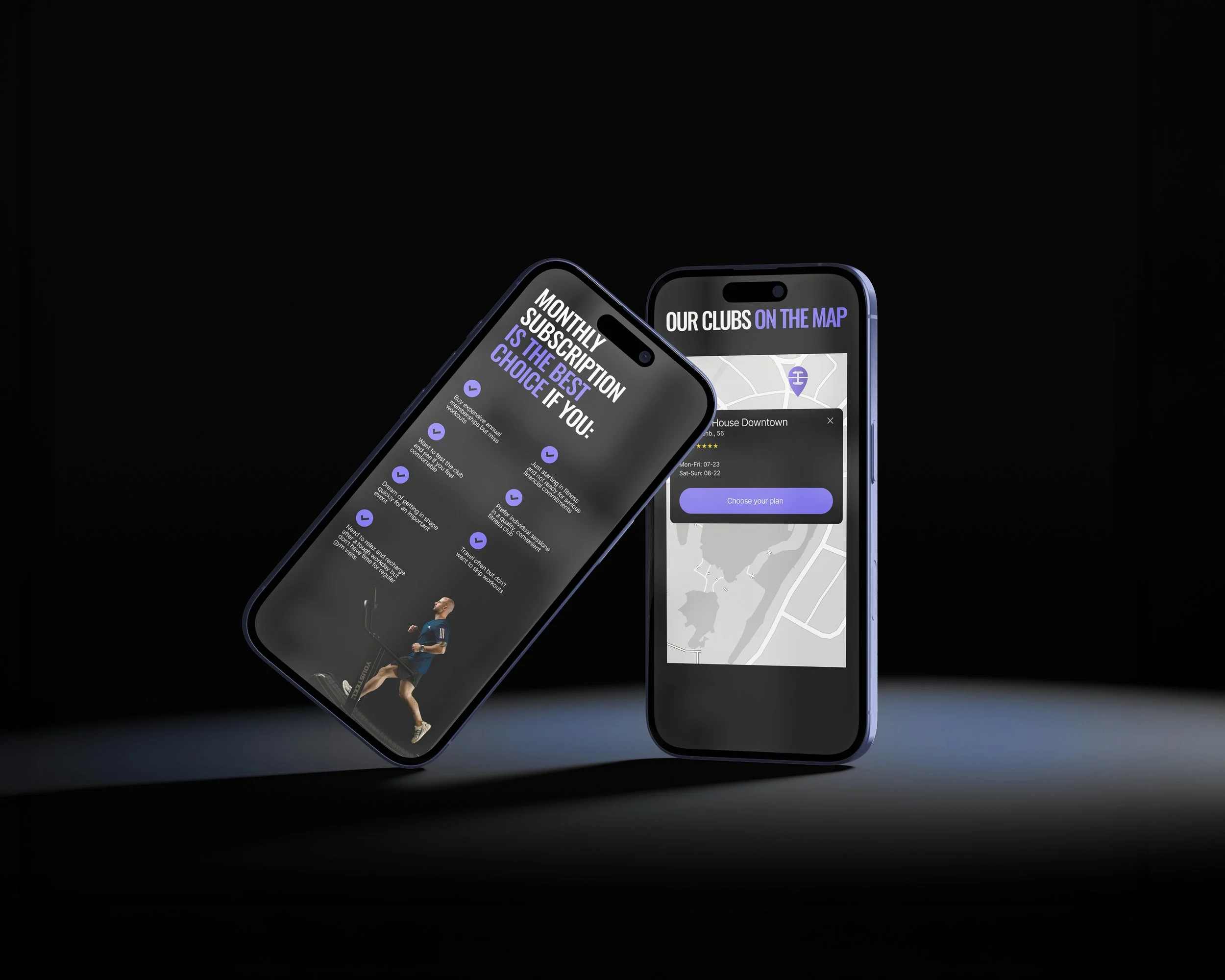 Two smartphones displaying mobile app screens with maps and subscription options, set against a black background.