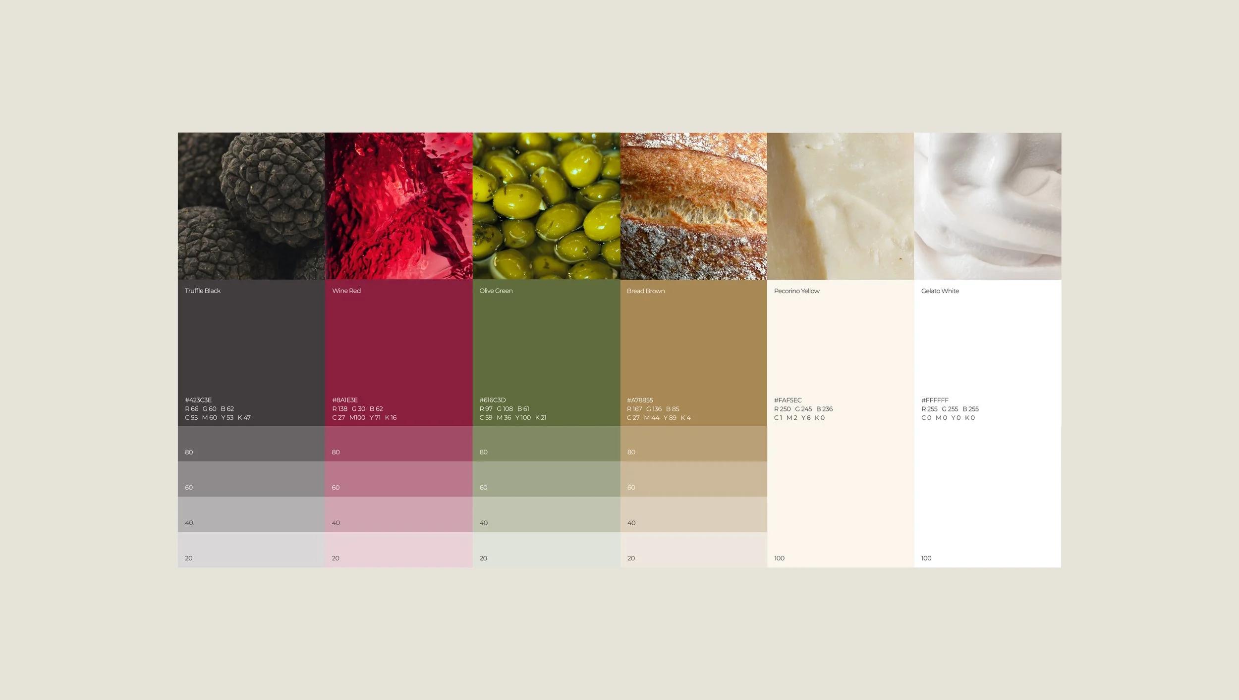 A color palette featuring six images of different food items: black truffles, red wine, green olives, brown bread, yellow pecorino cheese, and white gelato, each with corresponding color codes and labels.