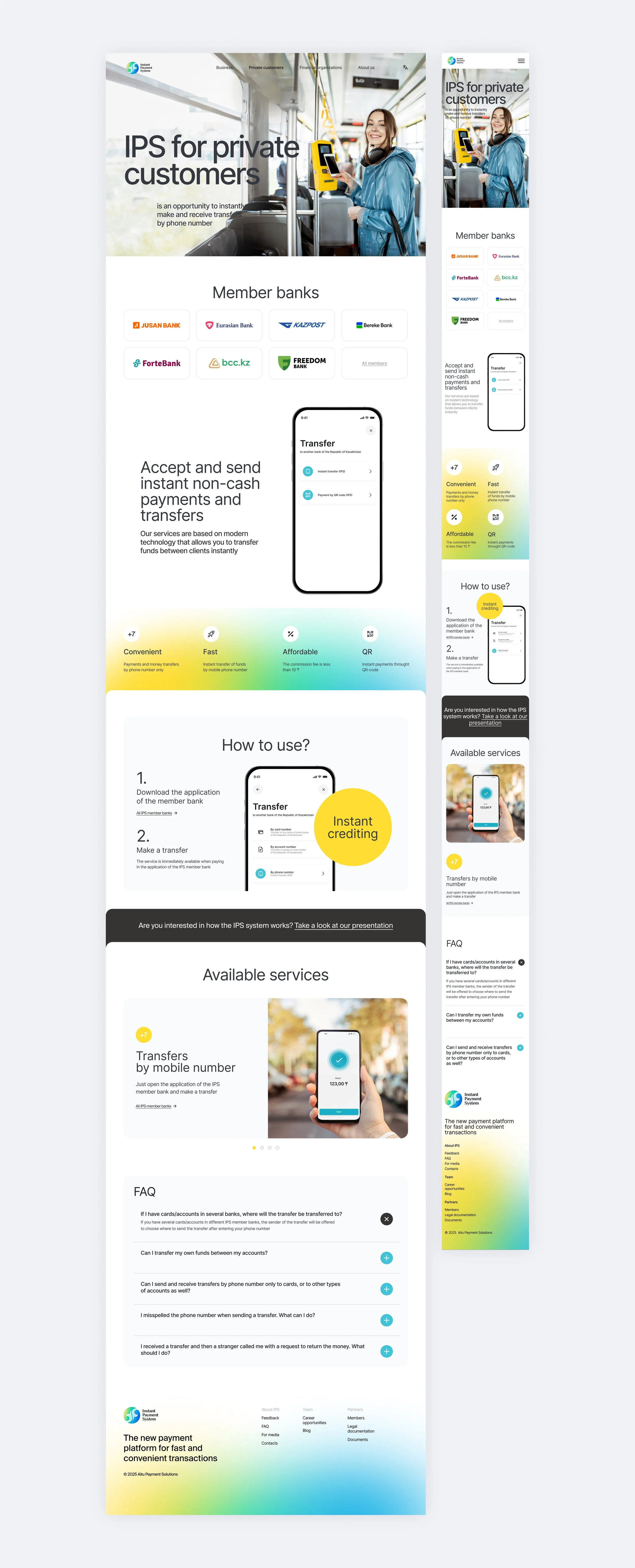 A website layout displaying a digital payment system for private bank customers, featuring a woman using a mobile device on a bus, with sections about member banks, services, and instructions for transferring funds.