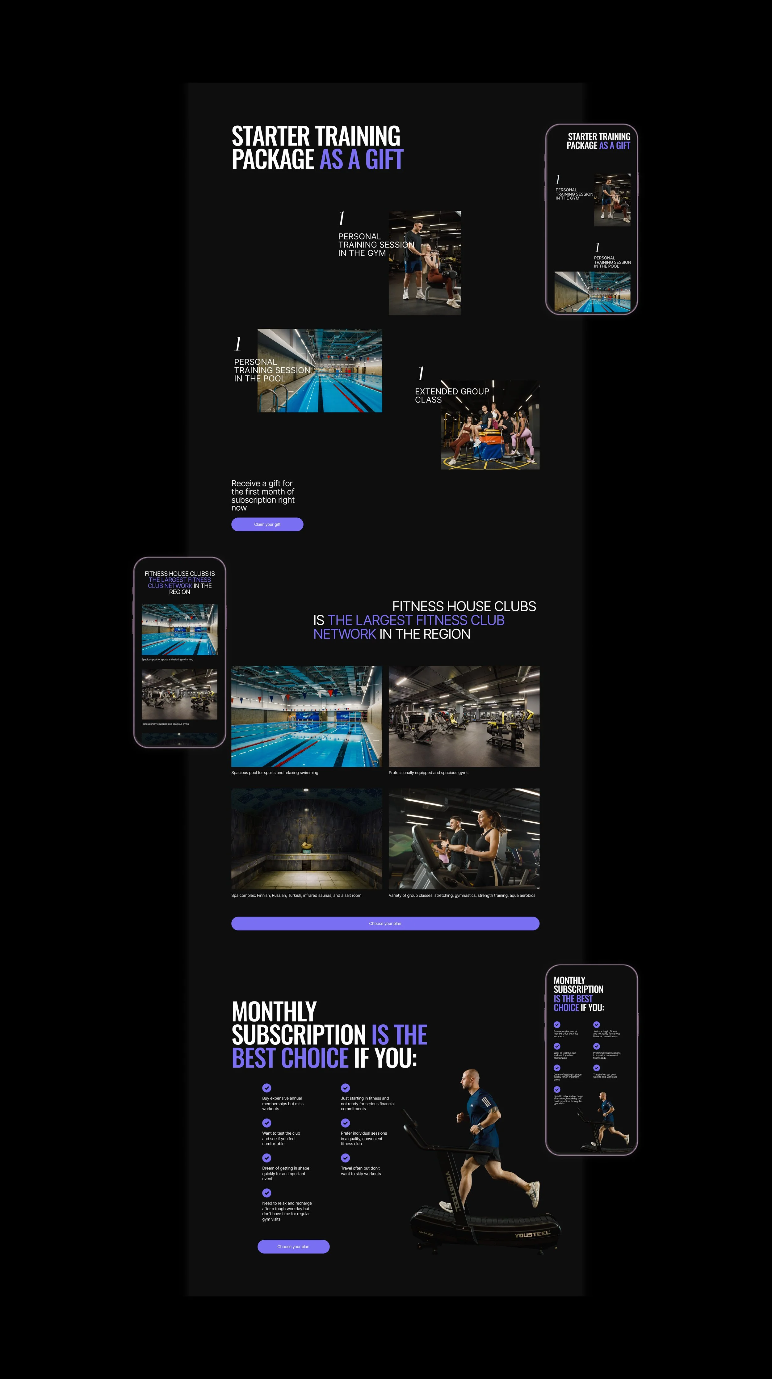 An advertisement for a fitness club package as a gift, showing images of personal training sessions, swimming pool, group classes, spa, and gym equipment, with texts highlighting membership benefits and plans.