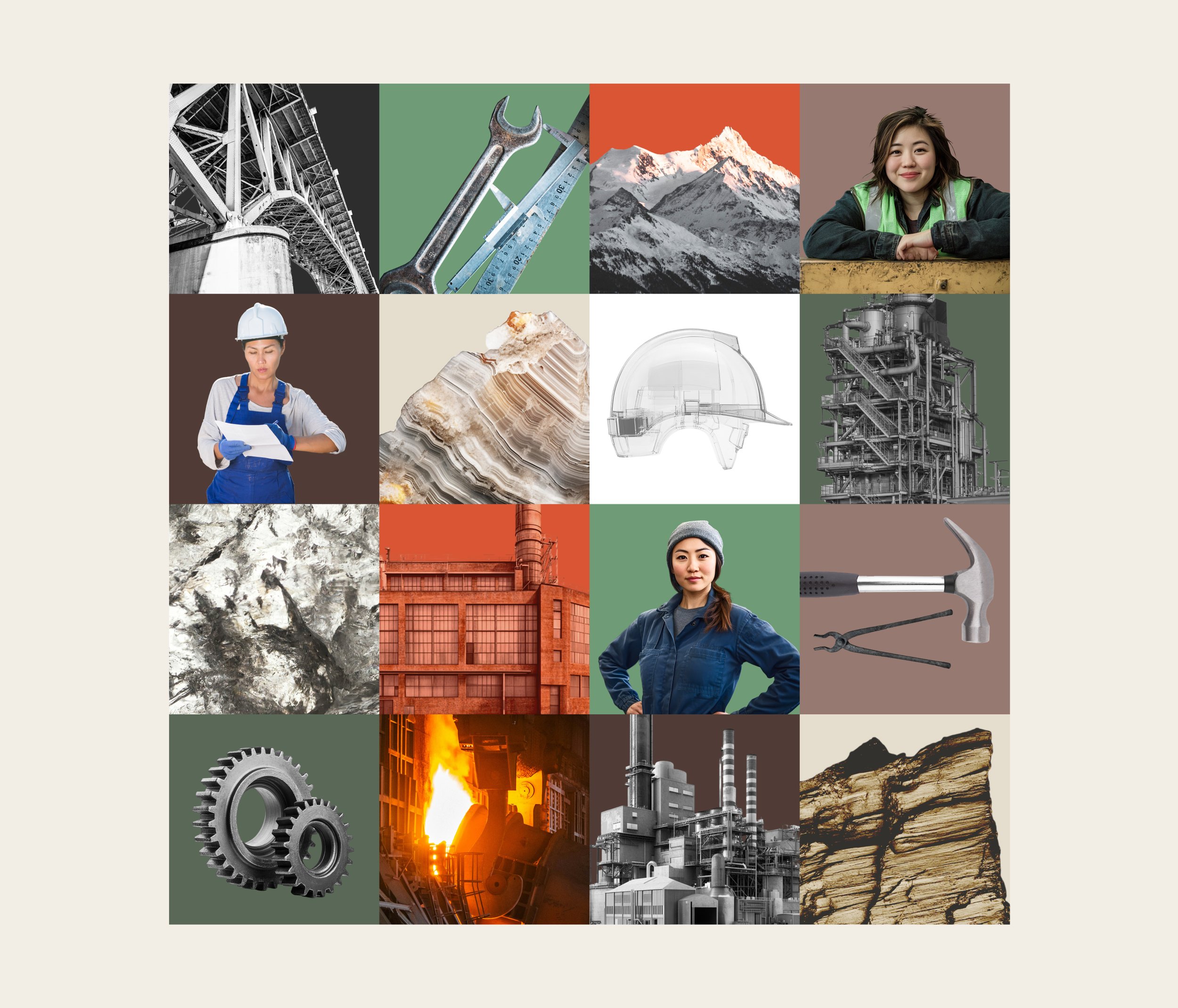 Collage of images related to industry and engineering, including a bridge, tools, mountains, a smiling woman, a construction worker, mineral and rock formations, a building, machinery, and factory scenes.