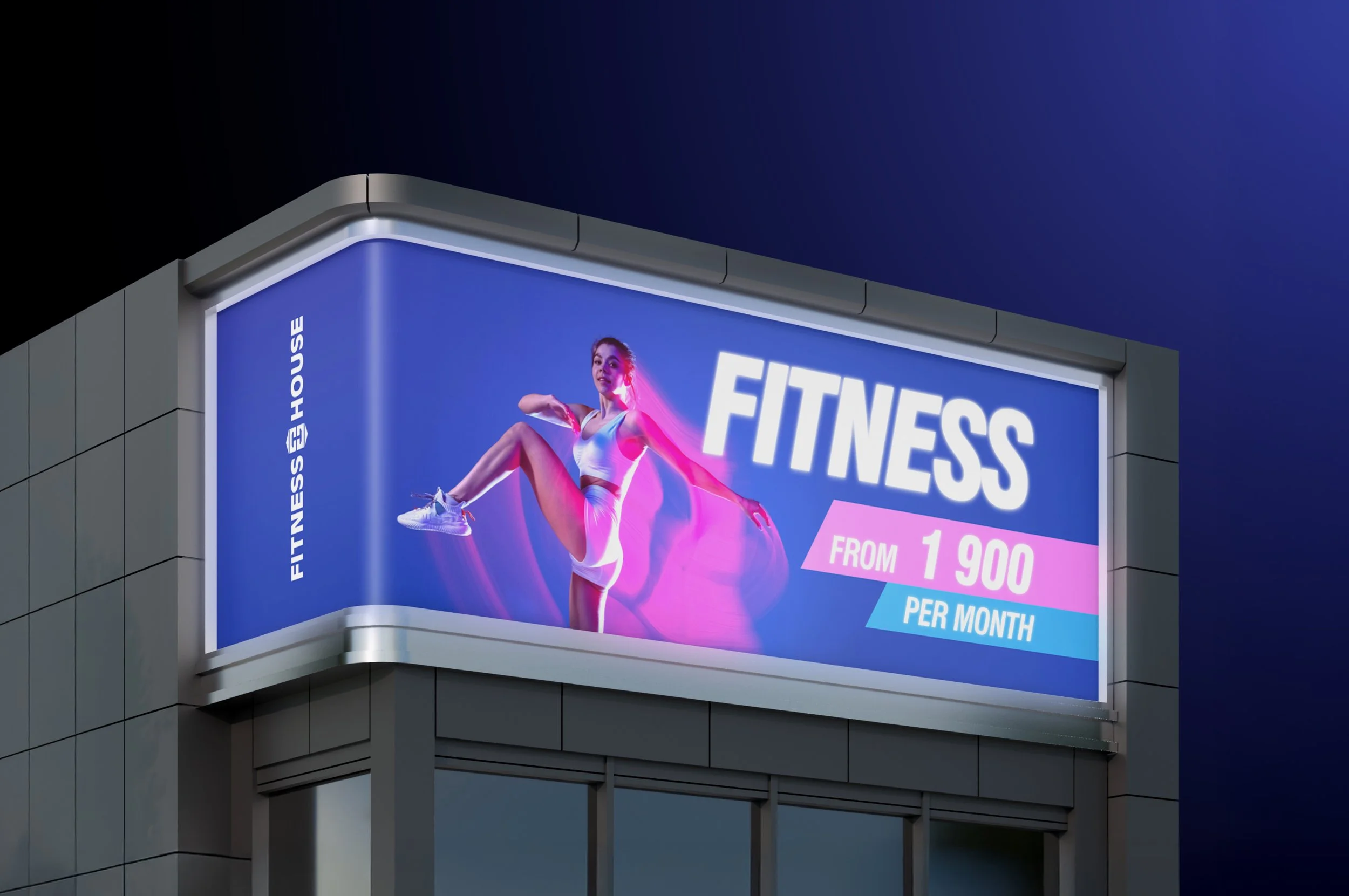 Digital billboard advertising a fitness center, featuring a woman in workout attire performing a stretching pose, with bright purple and pink accents, and pricing details from $1,900 per month.