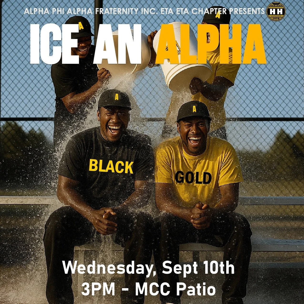 A little Ice never phased the ice cold brothers🥶. Be sure to stop by the MCC this Wednesday, September 10th for the brothers of the Eta Eta chapter official &ldquo;Ice An Alpha&rdquo; event. Come out and splash your favorite Alpha&rsquo;s🖤💛. 
Buck