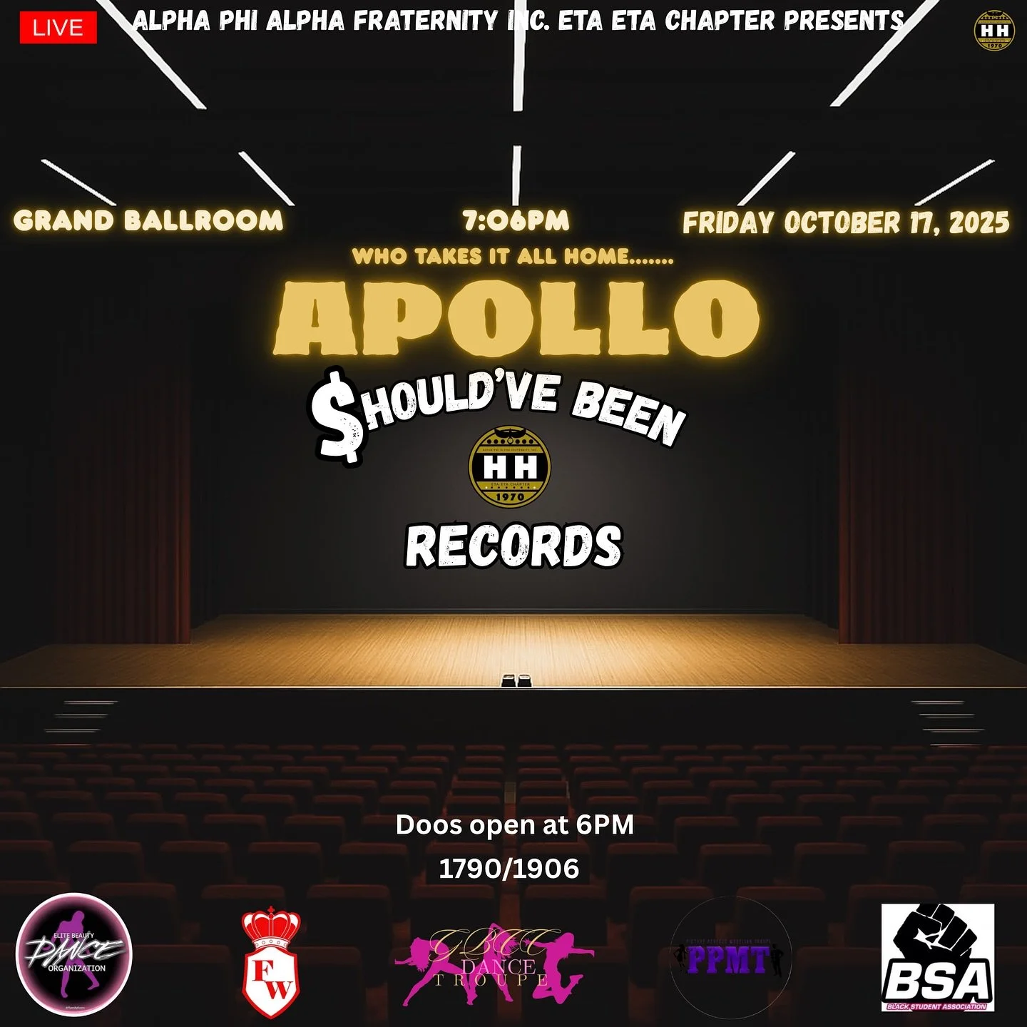 🚨 BIGGEST SHOW ON CAMPUS🚨

Apollo is officially here. THEE annual event to be at. Your favorite frat, performance orgs, and we have visitors coming out! 👀 
Alumni popping out! Bring ya friends and start our homecoming off the right way! 

Let&rsqu