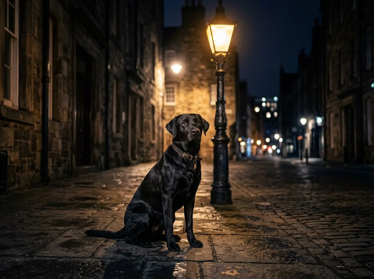 A black Labrador dog sitting on a cobblestone street at night, illuminated by a street lamp with an old town setting in the background.