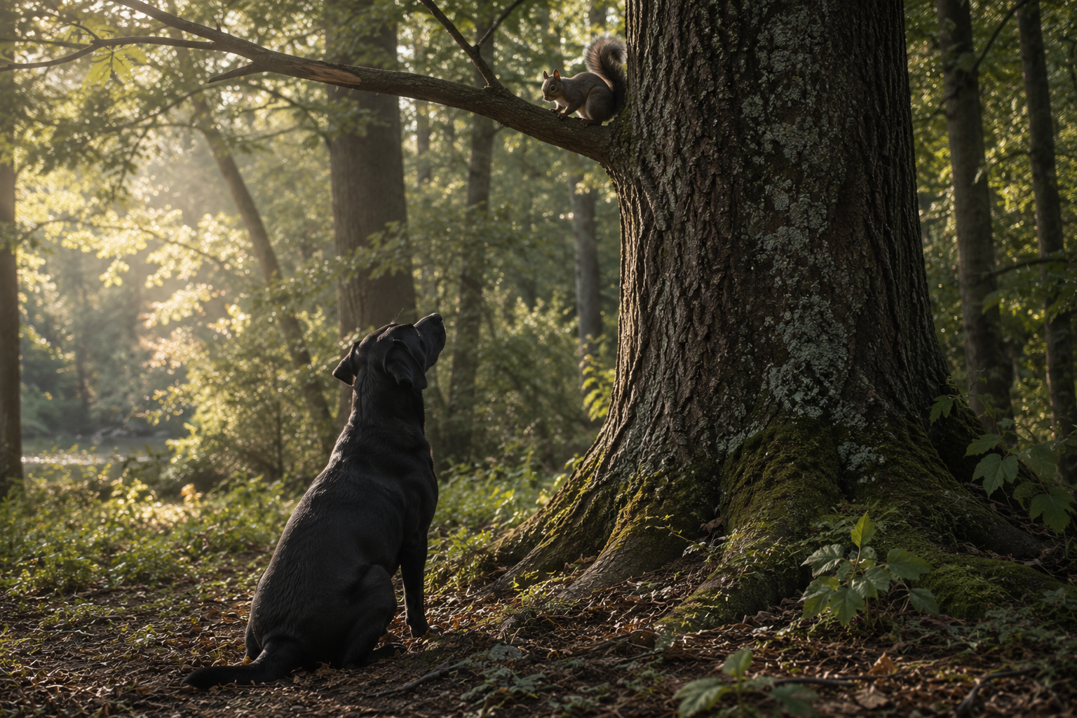 the dog, the tree and a squirrel