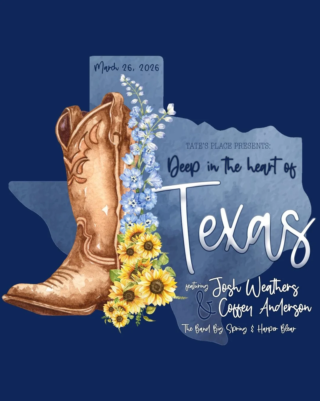 Save the Date! 🤠 

Join us March 26, 2026 for Deep in the Heart of Texas benefitting Tate&rsquo;s Place.
Enjoy dinner, live entertainment, and an auction featuring Texas country favorites Josh Weathers, Coffey Anderson, The Band Big Spring, and Harp