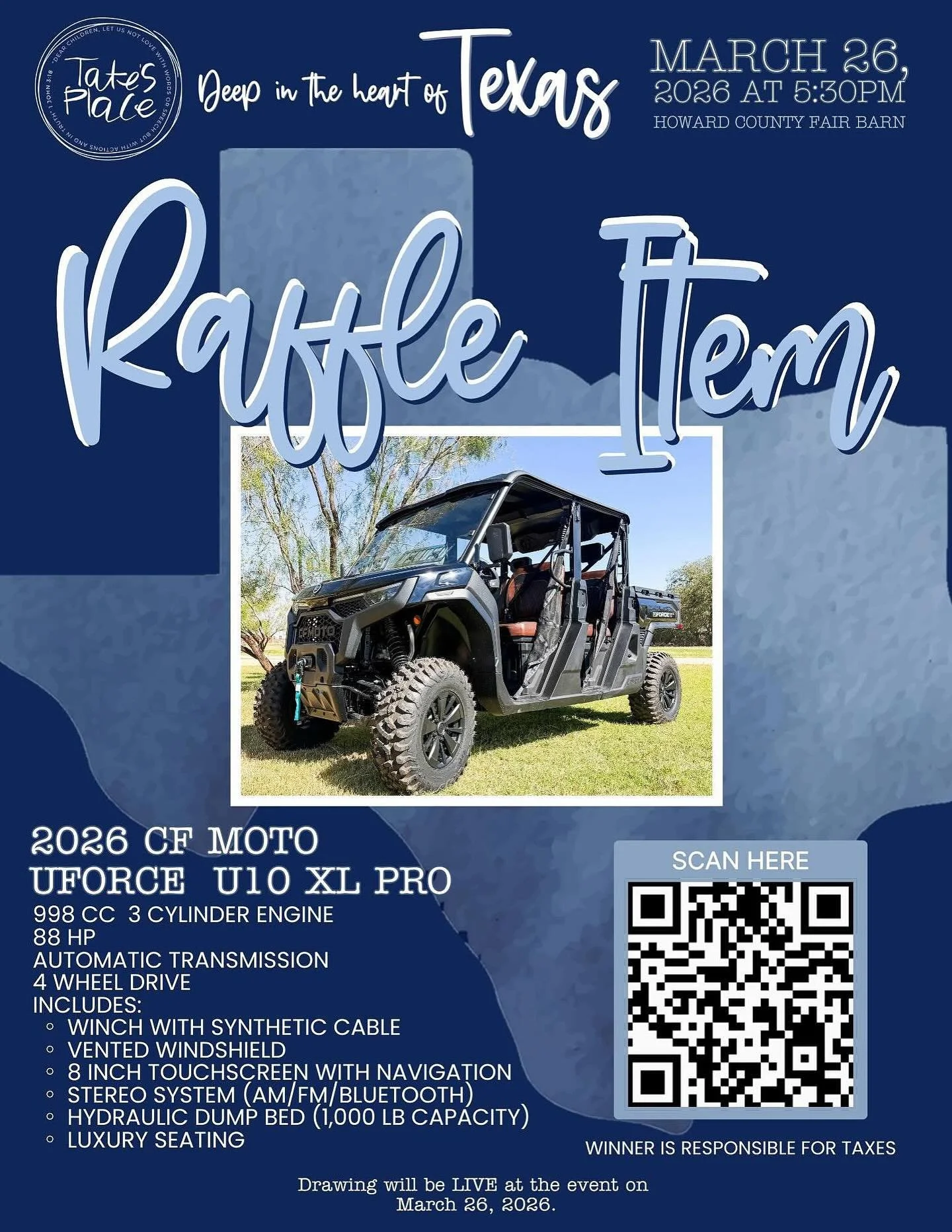 🥁🥁🥁drum roll please🥁🥁🥁

Our 2026 big ticket raffle item is this 2026 CF Moto UForce U10 XL Pro 🔥🔥🔥

This thing is a BEAST featuring:
-998 CC 3 Cylinder Engine
-88 HP
-4 Wheel Drive 
-Luxury Seating 
-8 inch touch screen with navigation 
and 