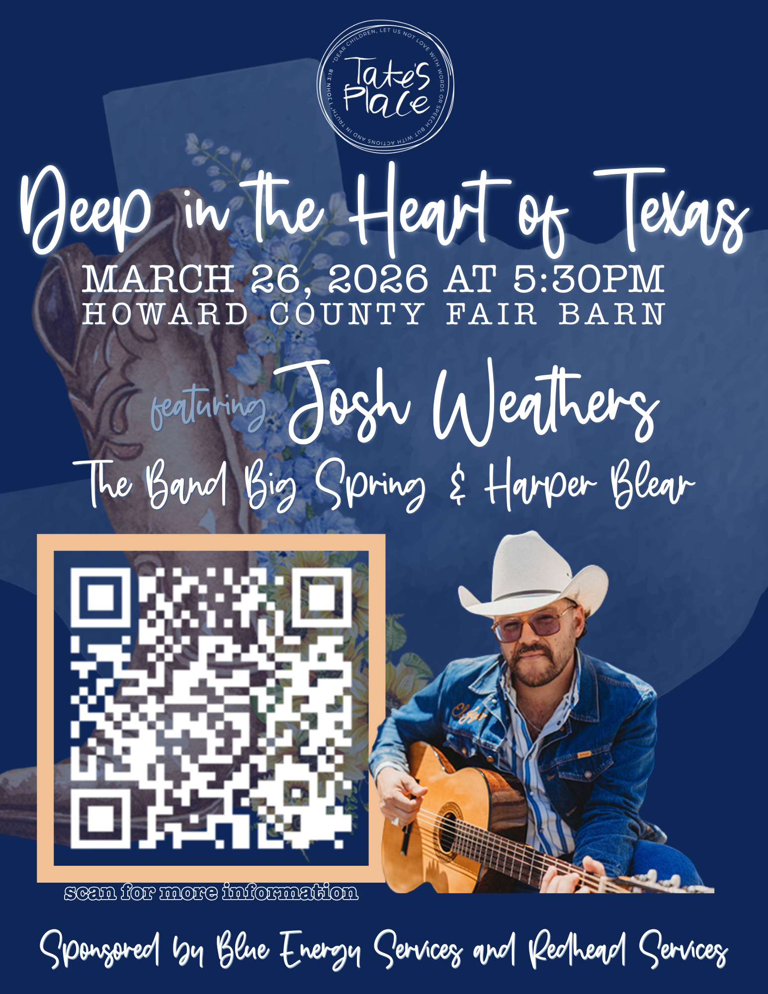 Event poster for 'Deep in the Heart of Texas' on March 26, 2026, at 5:30 PM at Howard County Fair Barn. Features Josh Weathers with The Band Big Spring and Harper Blear, with a QR code and sponsored by Blue Energy Services and Redhead Services.
