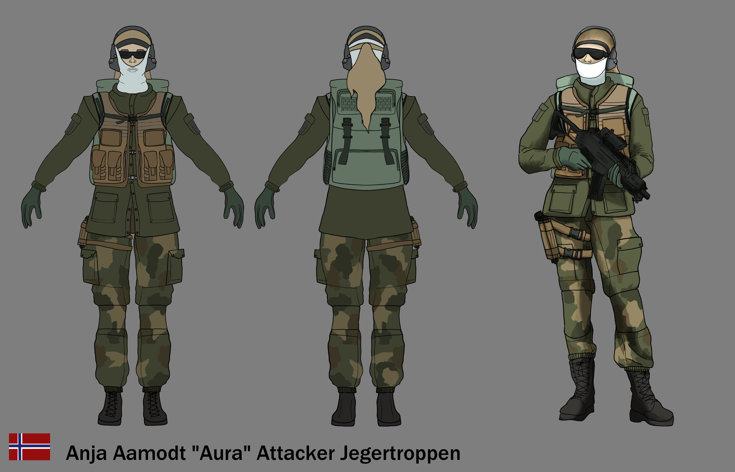 Anja Aamodt "Aura" a Jegertroppen from Norway - Character Design Concept Art, an Original Character for a Savannah College of Art and Design Class. Inspired by Tom Clancy's Rainbow 6 Siege.