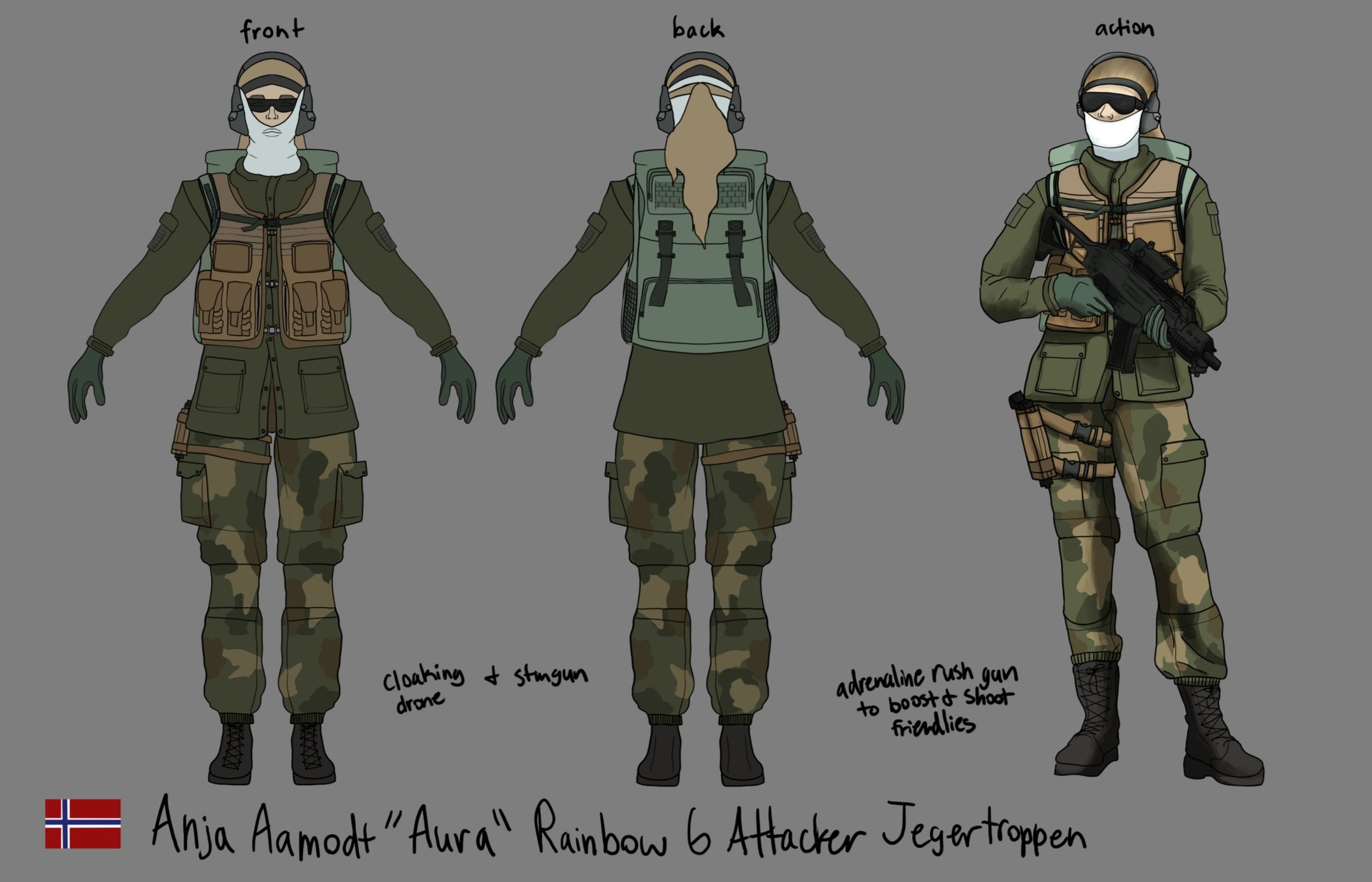 Anja Aamodt "Aura" a Jegertroppen from Norway - Character Design Concept Art, an Original Character for a Savannah College of Art and Design Class. Inspired by Tom Clancy's Rainbow 6 Siege.