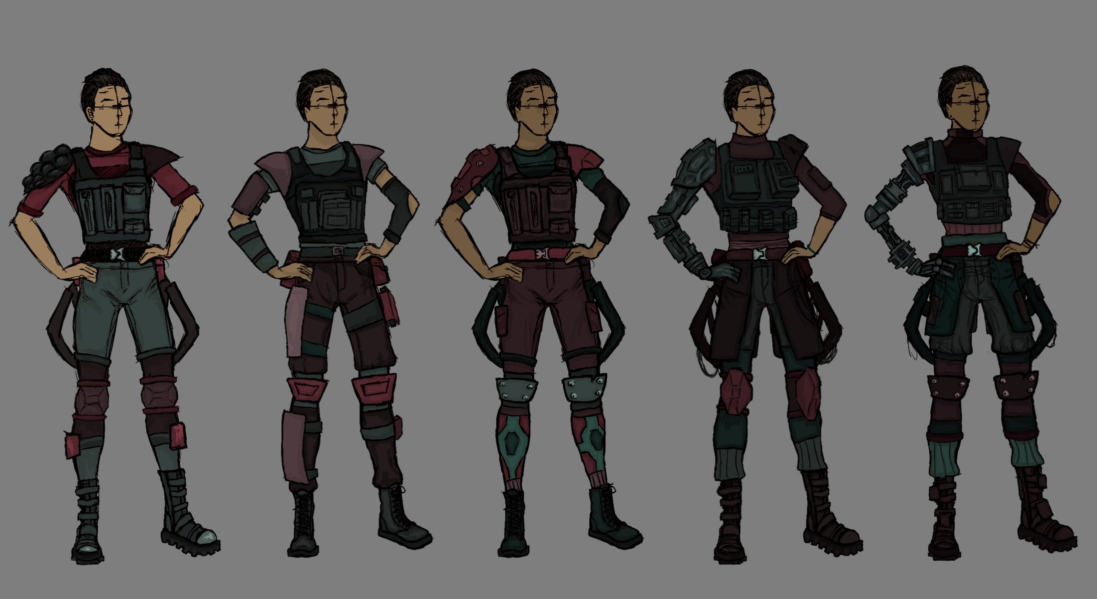 Character Design Outfit Options Concept Art - an Original Character for a Savannah College of Art and Design Class. Inspired by Apex Legends.