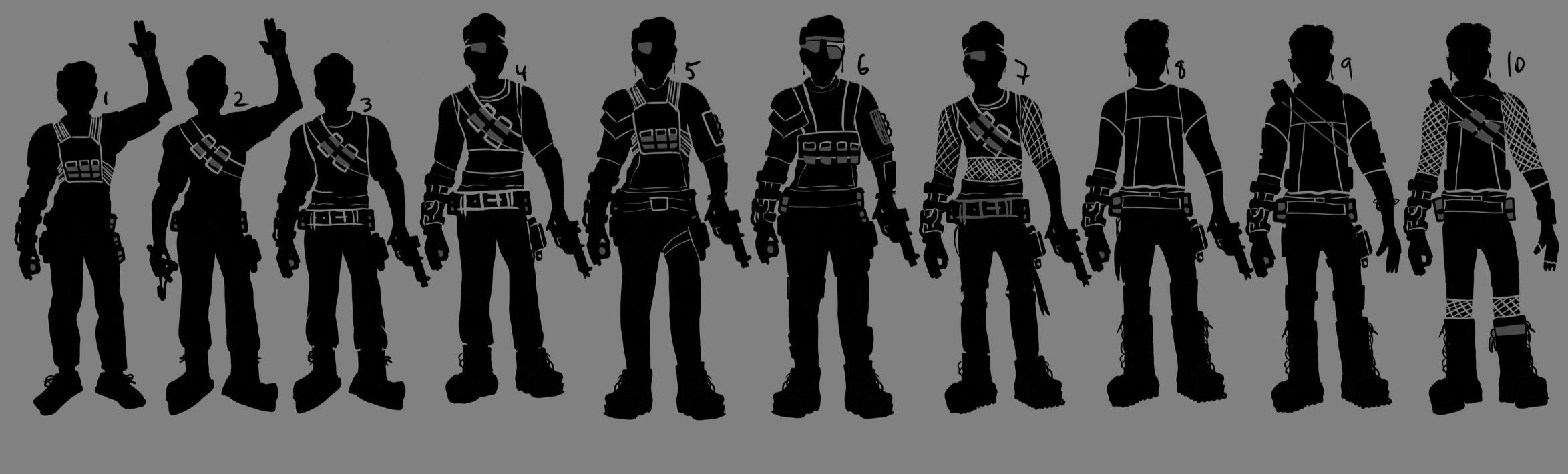 Character Design Outfit Options Concept Art - Blocking out Support Class Character Designs Phase for a Savannah College of Art and Design Class. Inspired by Inspired by Overwatch 2.