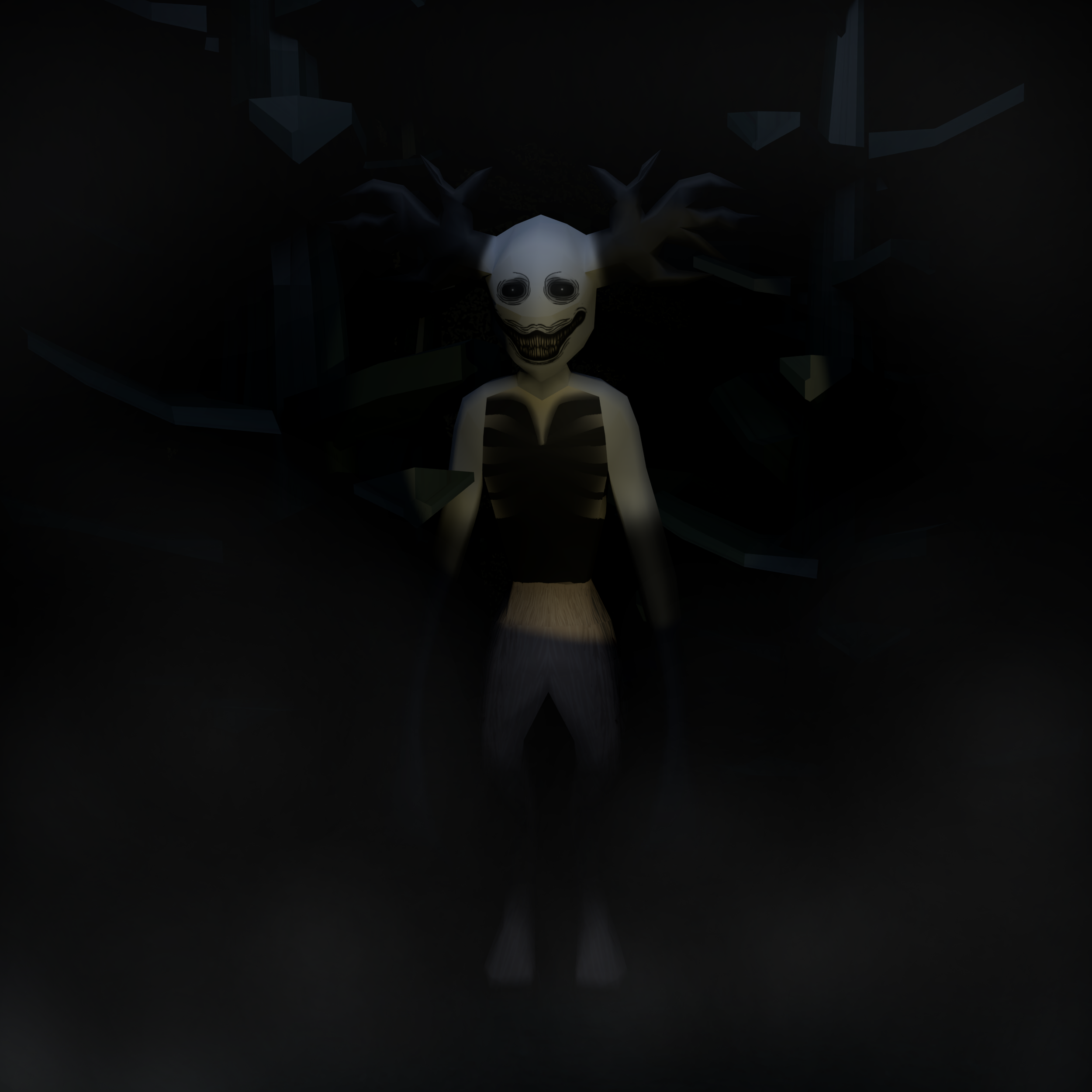 Blender Render of Silkey Smiles Lighting like there it was spotted in a horror game with a flashlight in a forest (scene created by Aud)