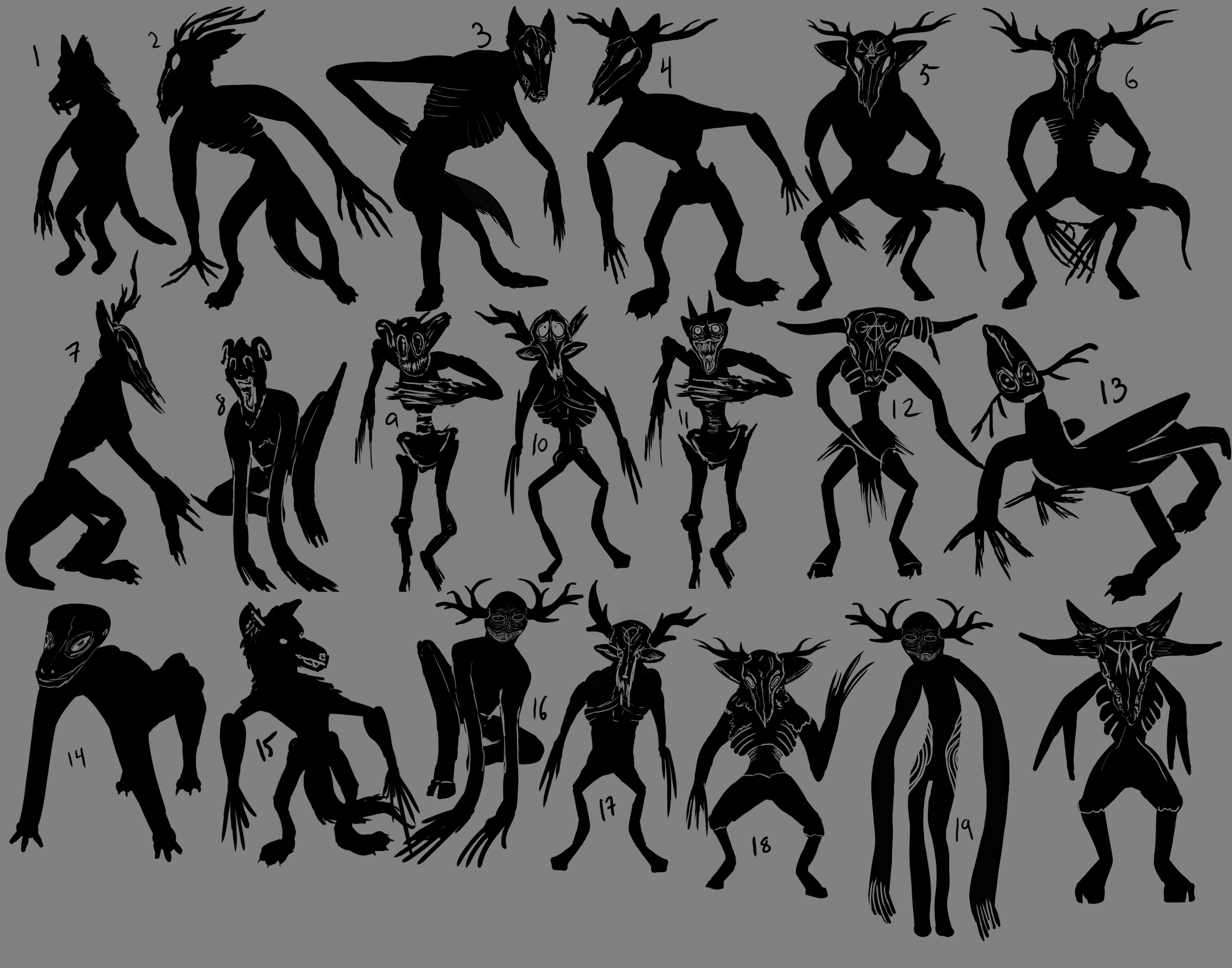 Silkey Smiles, Character and Creature Concept Art Design - Blocking out Character Designs Phase for a Savannah College of Art and Design Class. Inspired by folklore of the Wendigo and Many Indie Horror Games.
