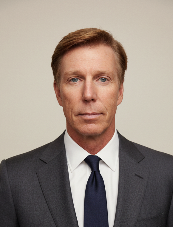 A man in a dark suit, white shirt, and dark tie standing against a plain light-colored background.