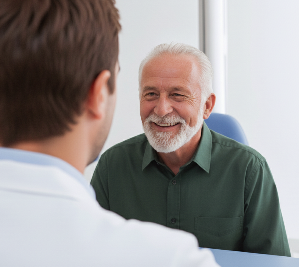 A senior man with white hair and beard smiling while talking to a doctor in a consultation room.