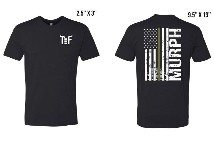 Black T-shirt with 'T&F' logo on the front and a distressed American flag design with the word 'MURPH' on the back.
