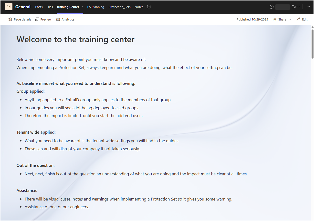 Screenshot of a training center document titled 'Welcome to the training center' with guidelines on implementing protection sets, group applied, tenant wide settings, out of the question, and assistance information.