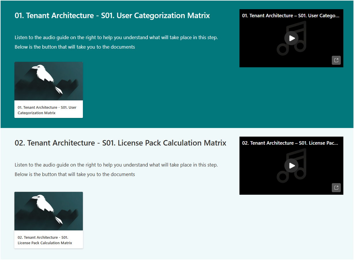 Screenshots of two digital document pages titled 'Tenant Architecture - S01. User Categorization Matrix' and 'Tenant Architecture - S01. License Pack Calculation Matrix,' both with audio guide icons and a stylized eagle logo on the left side.