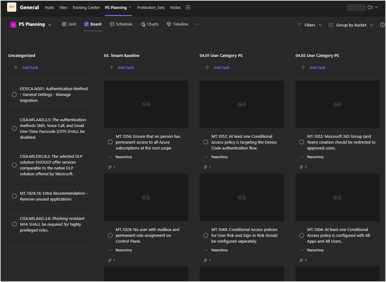 Screenshot of a project management or task planning application with columns for tasks, including titles related to authentication, Azure, and Microsoft policies.
