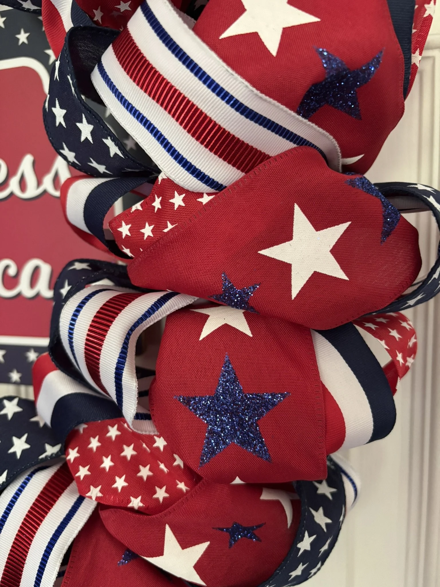 God Bless America Stars and Stripes Ribbon Wreath Zoom View.JPEG