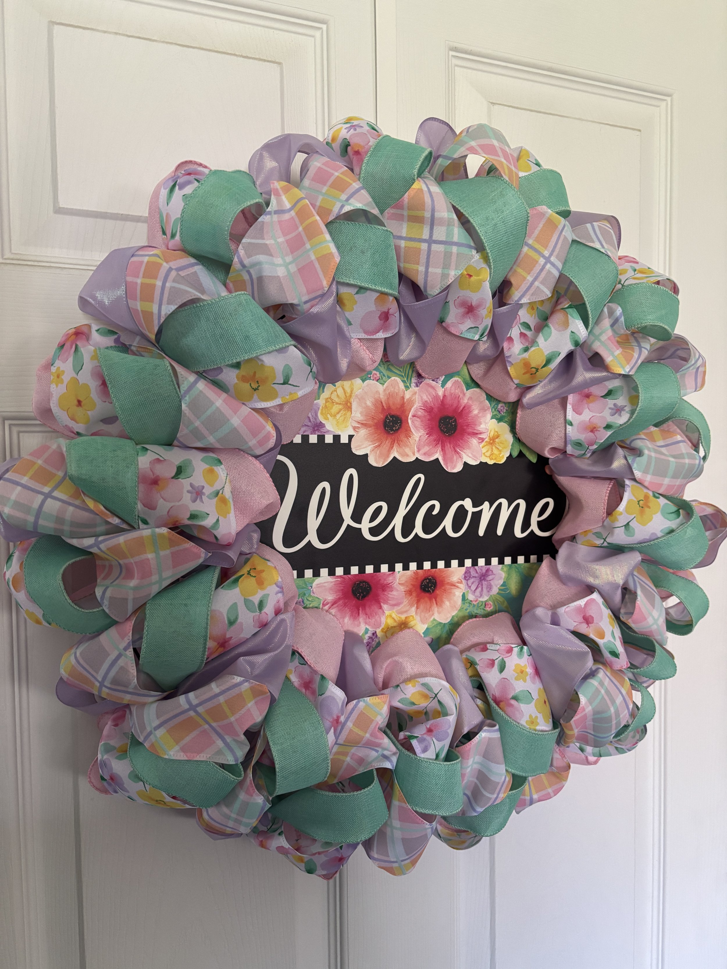 Spring Flowers and Plaid Pastel Welcome Ribbon Wreath Left Side.JPG