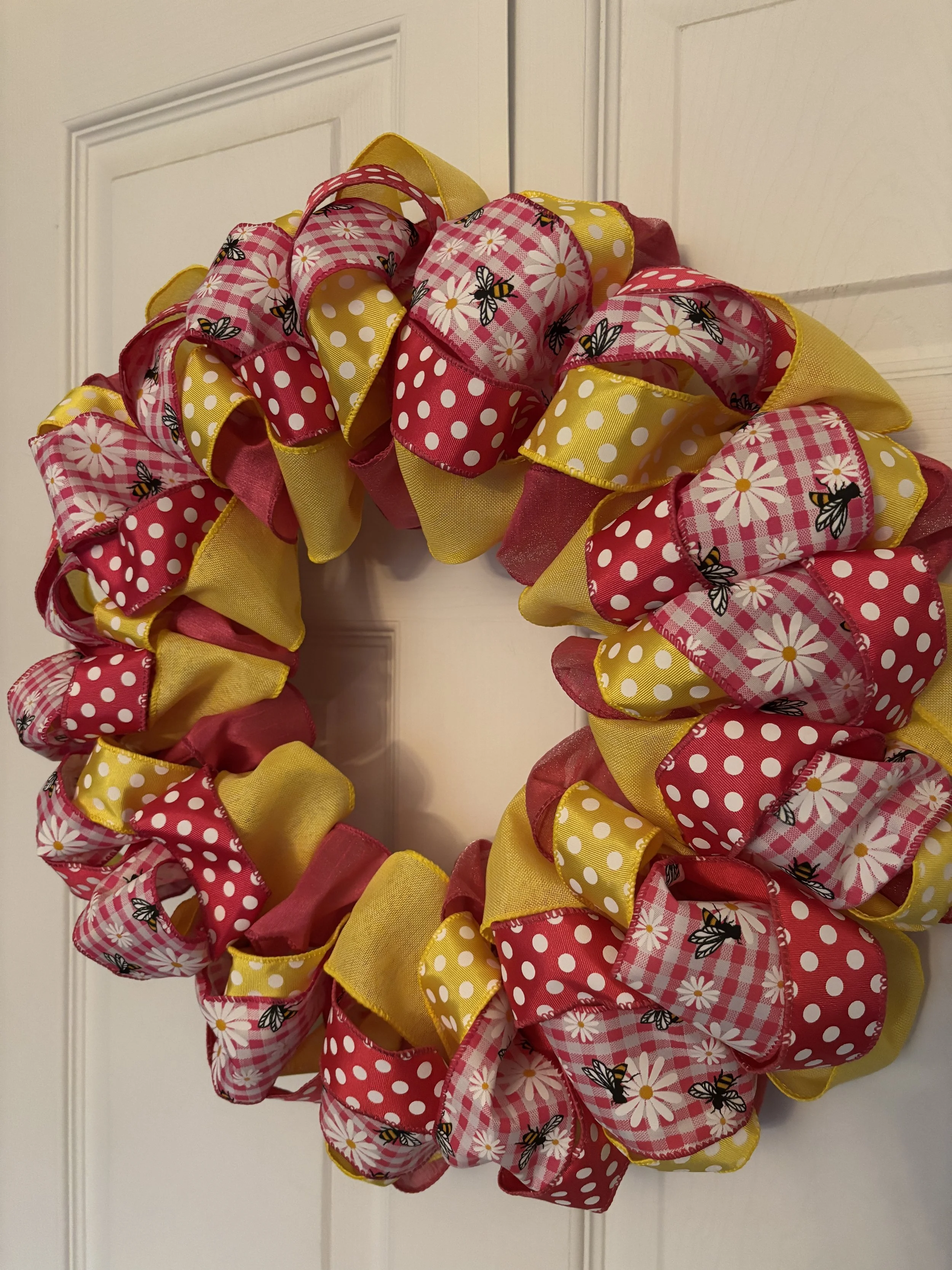 22 Inch Pink and Yellow Polka Dot, Flowers, and Bees Wreath Right Side.JPG