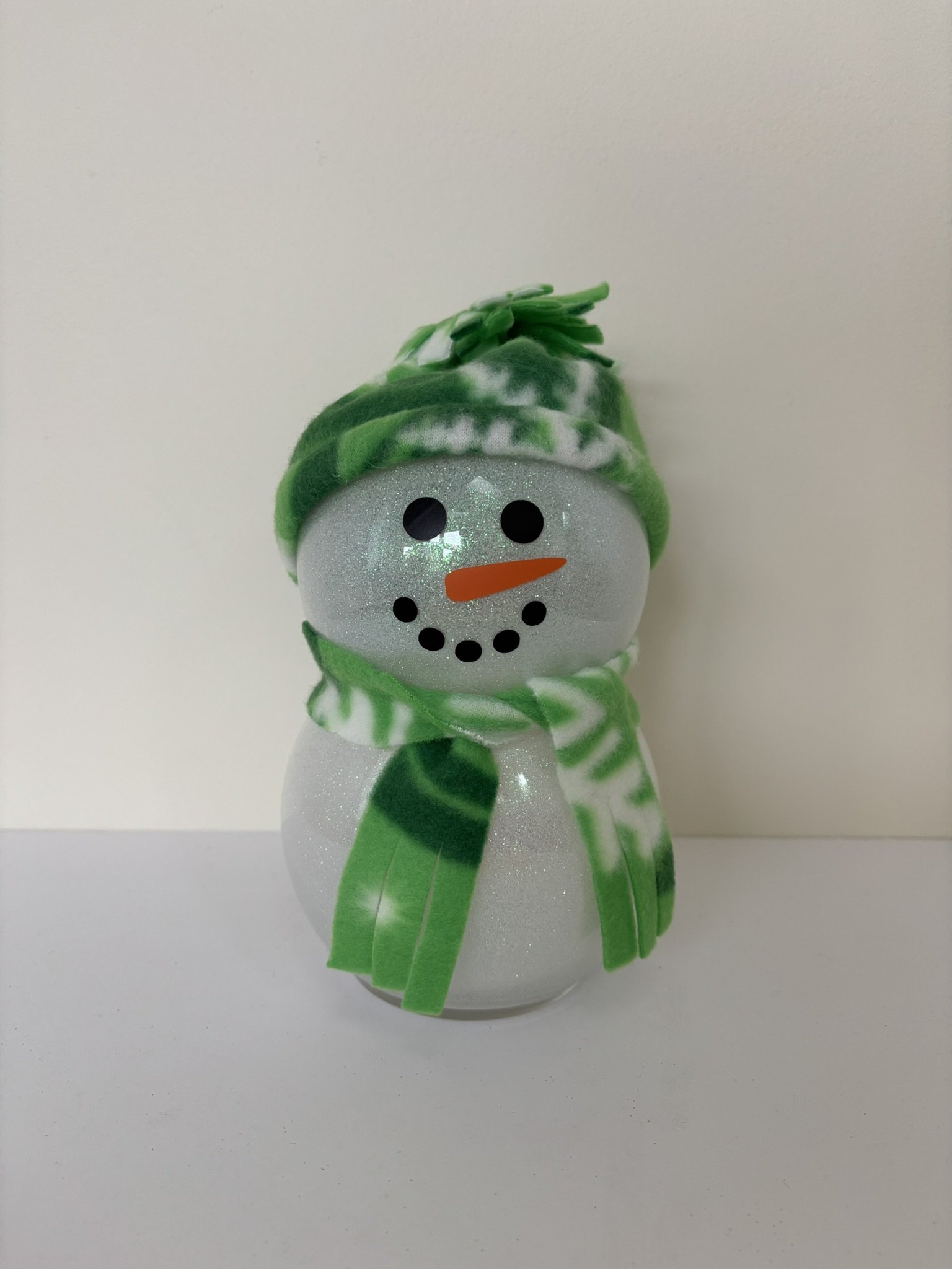 Snowman with Green Hat with White Snowflakes Front.JPEG