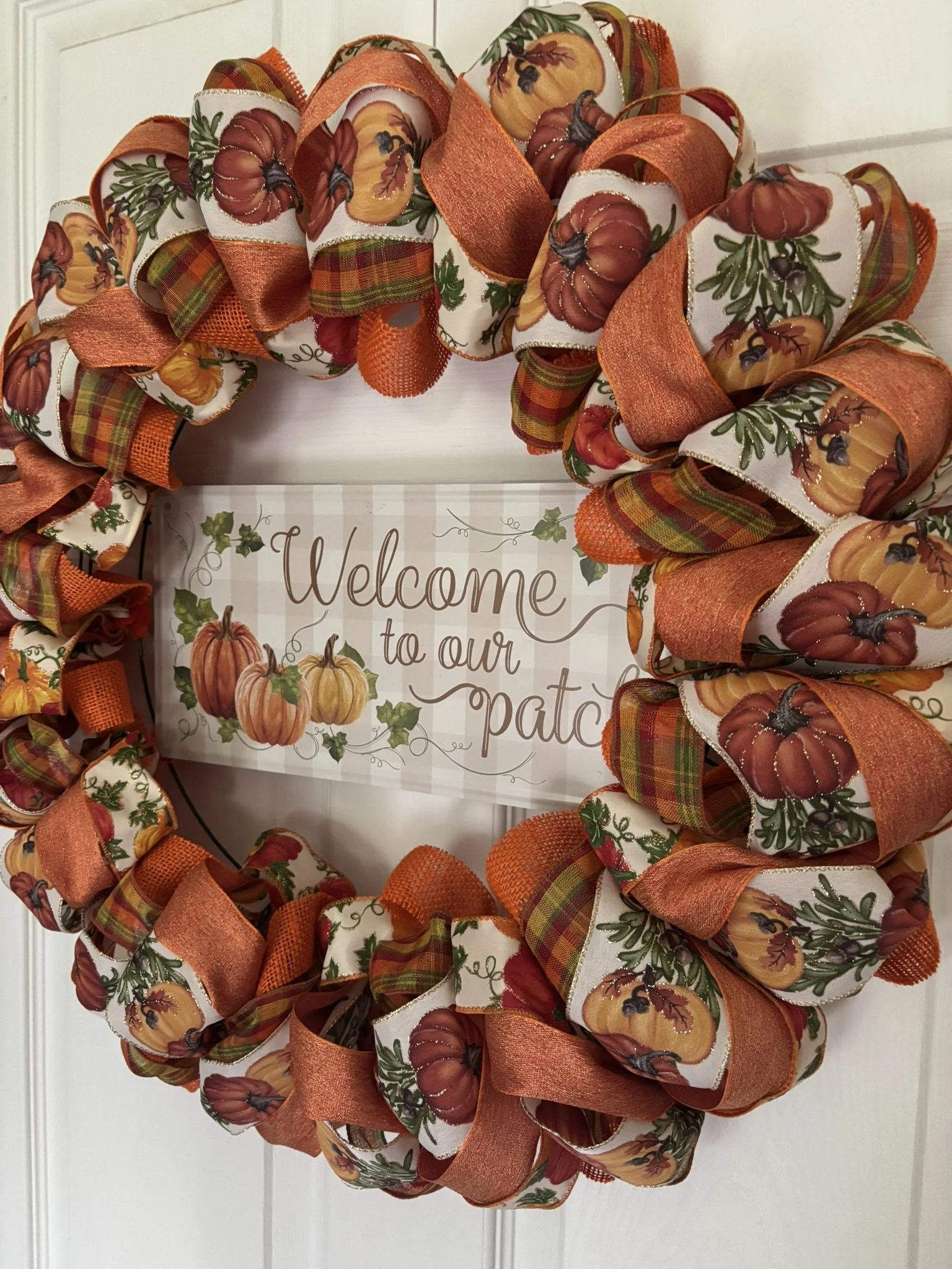 Welcome to Our Patch Pumpkin Ribbon Wreath Right Side.JPEG