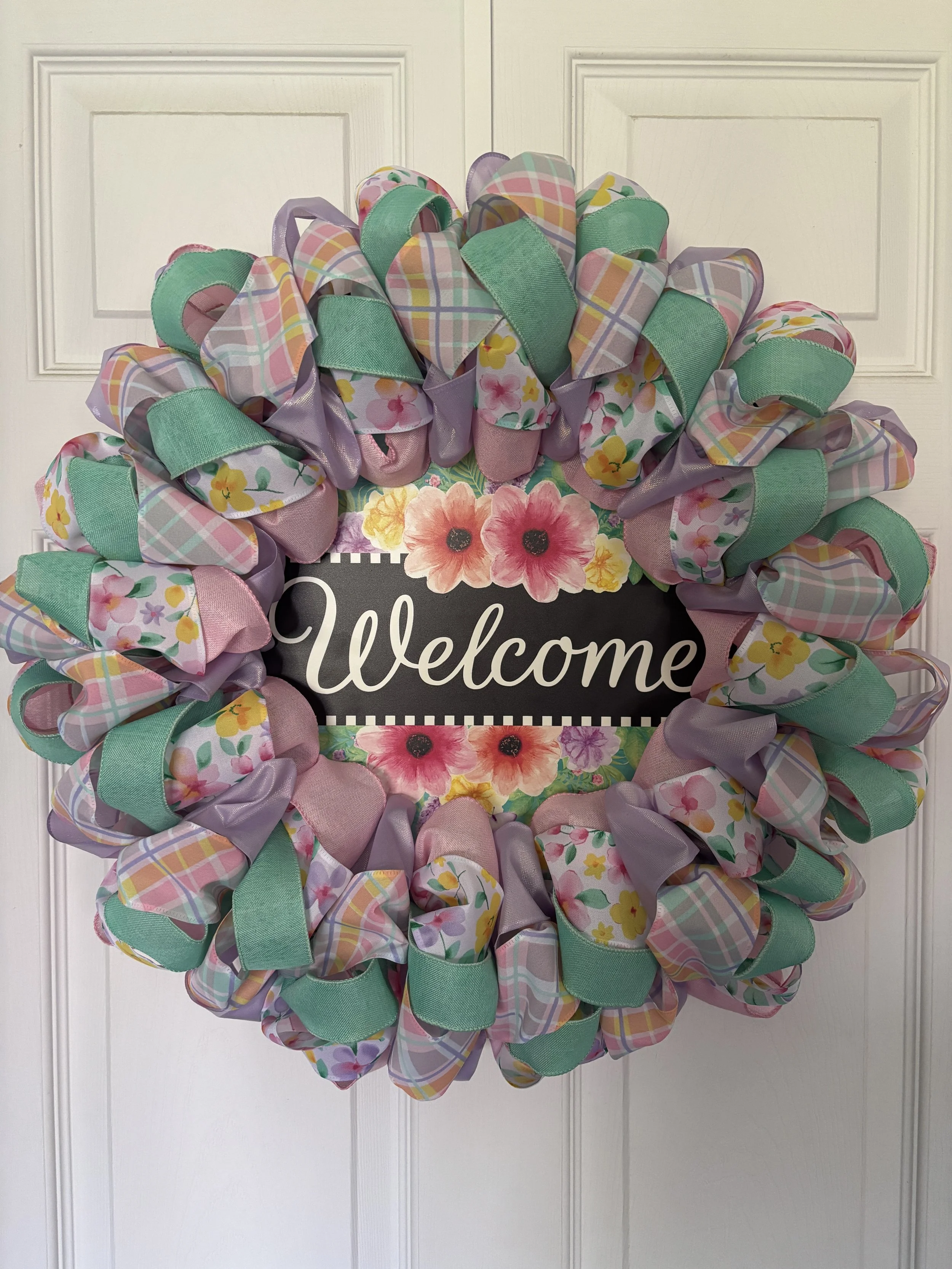 Spring Flowers and Plaid Pastel Welcome Ribbon Wreath Front.JPG