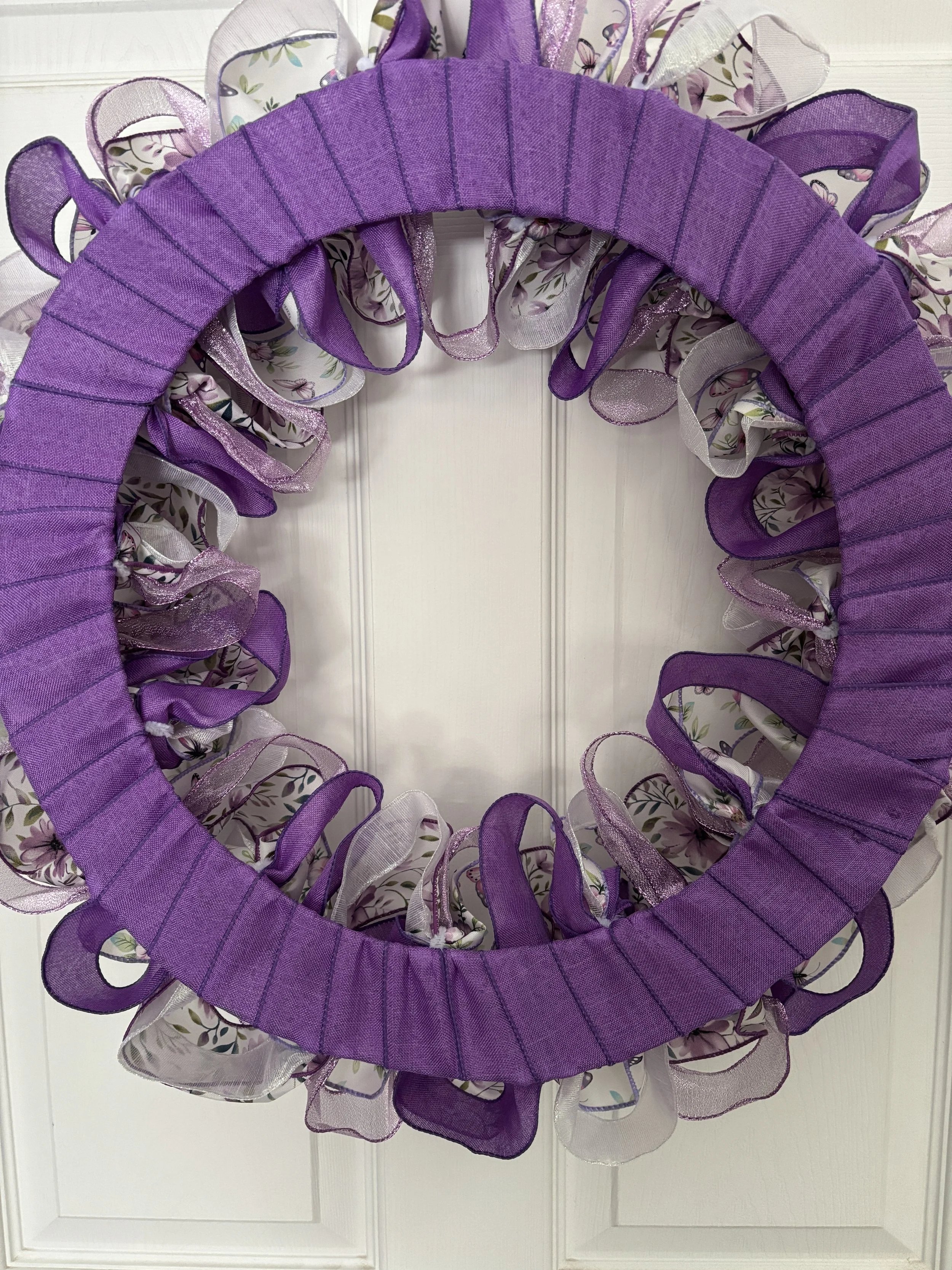 White and Purple Ribbon Wreath with Flowers Back View.JPG