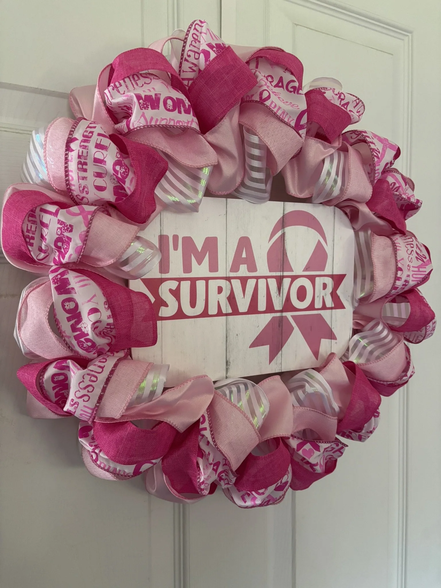 I'm A Survivor Breast Cancer Ribbon Wreath Left Side.JPEG