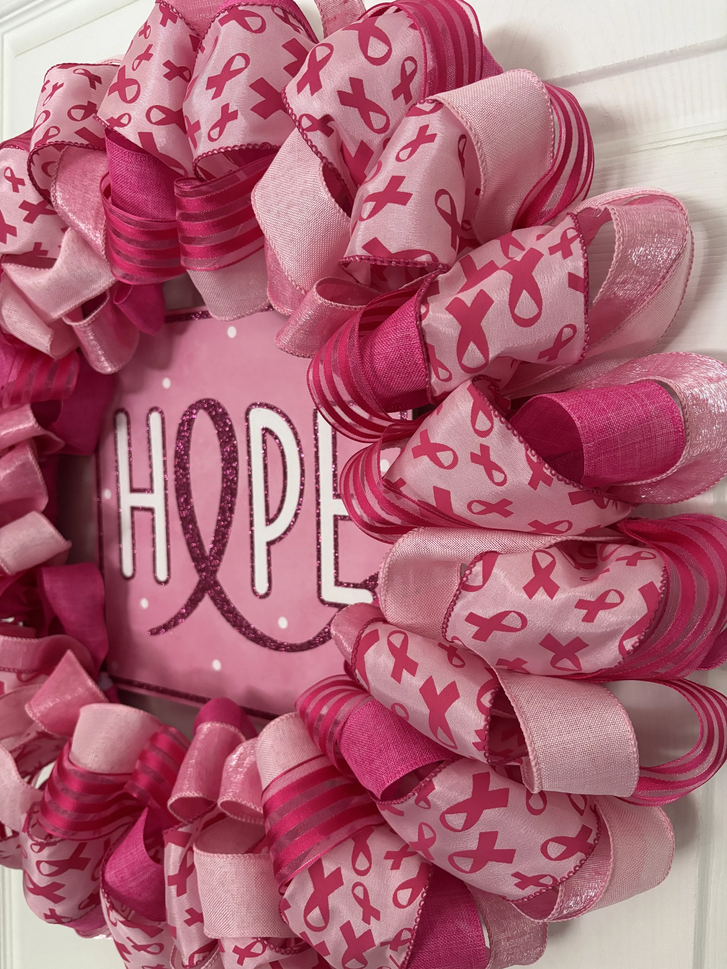 Pink Breast Cancer Hope Ribbon Wreath Right Side View.JPG