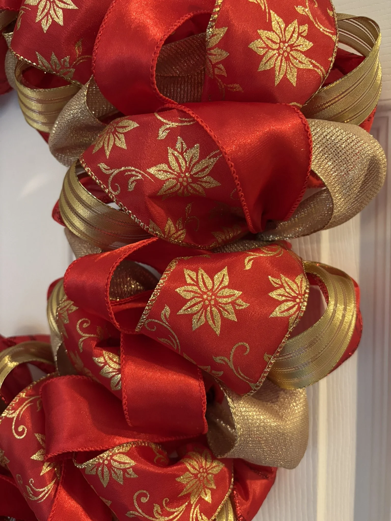 Shimmering Red and Gold Poinsettia Ribbon Wreath Zoom View.JPEG