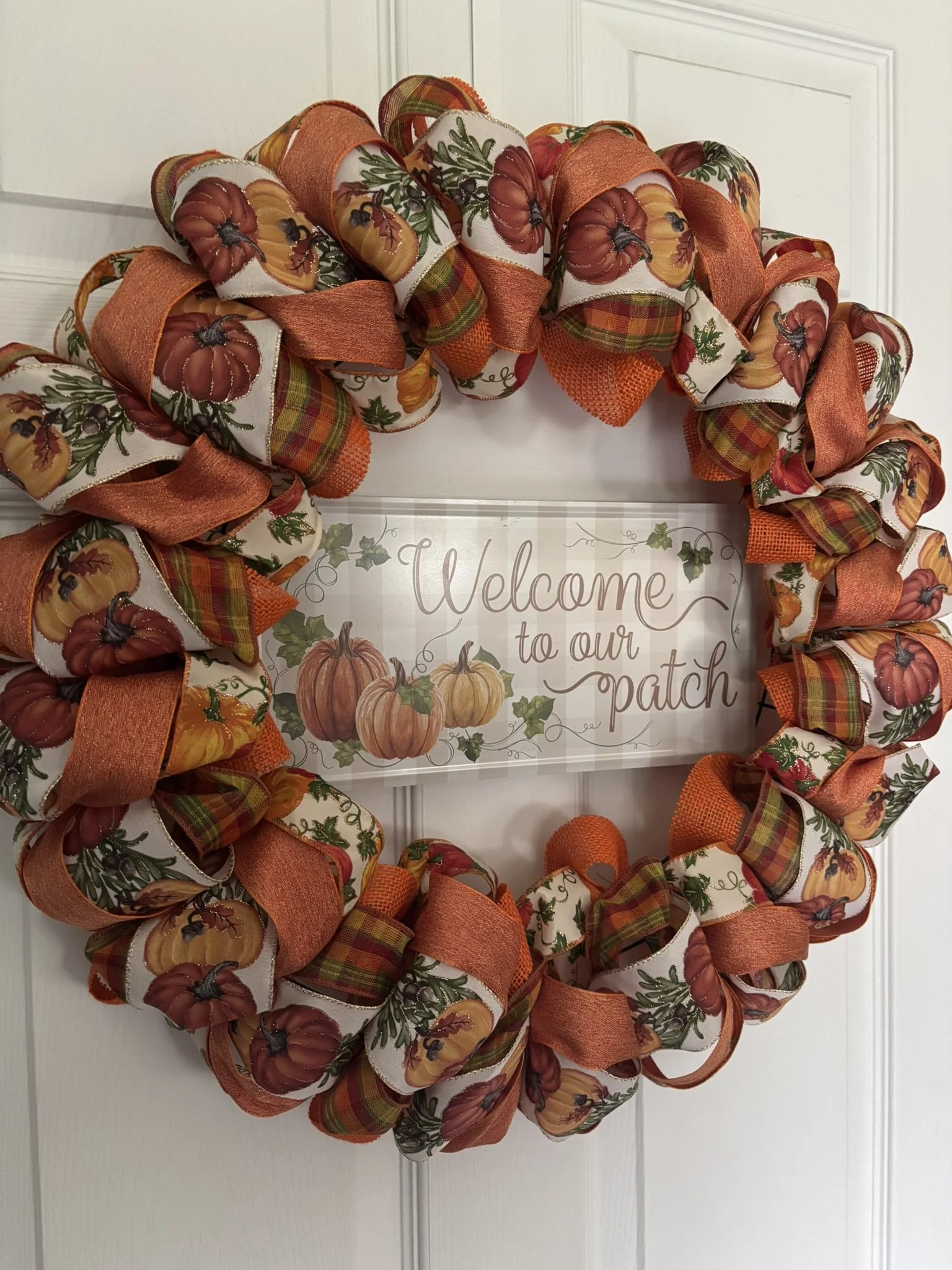 Welcome to Our Patch Pumpkin Ribbon Wreath Left Side.JPEG
