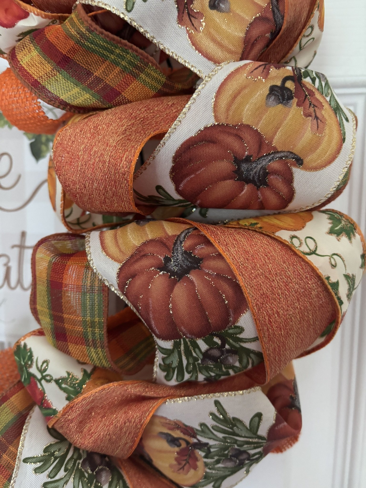 Welcome to Our Patch Pumpkin Ribbon Wreath Zoom View.JPEG