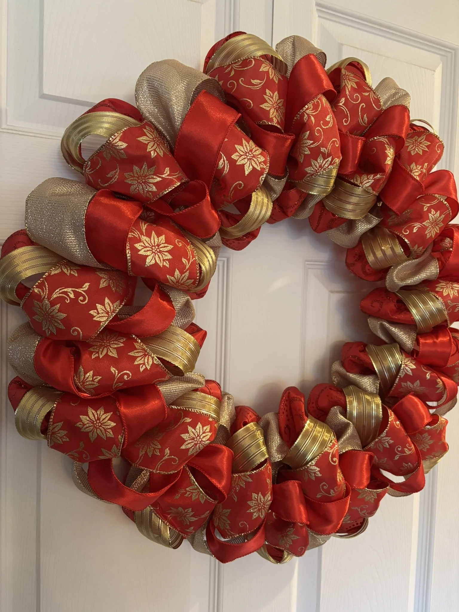 Shimmering Red and Gold Poinsettia Ribbon Wreath Left Side.JPEG