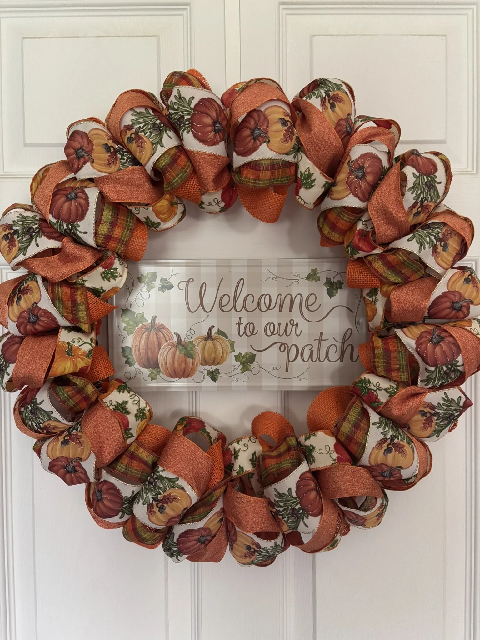 Welcome to Our Patch Pumpkin Ribbon Wreath Front.JPEG