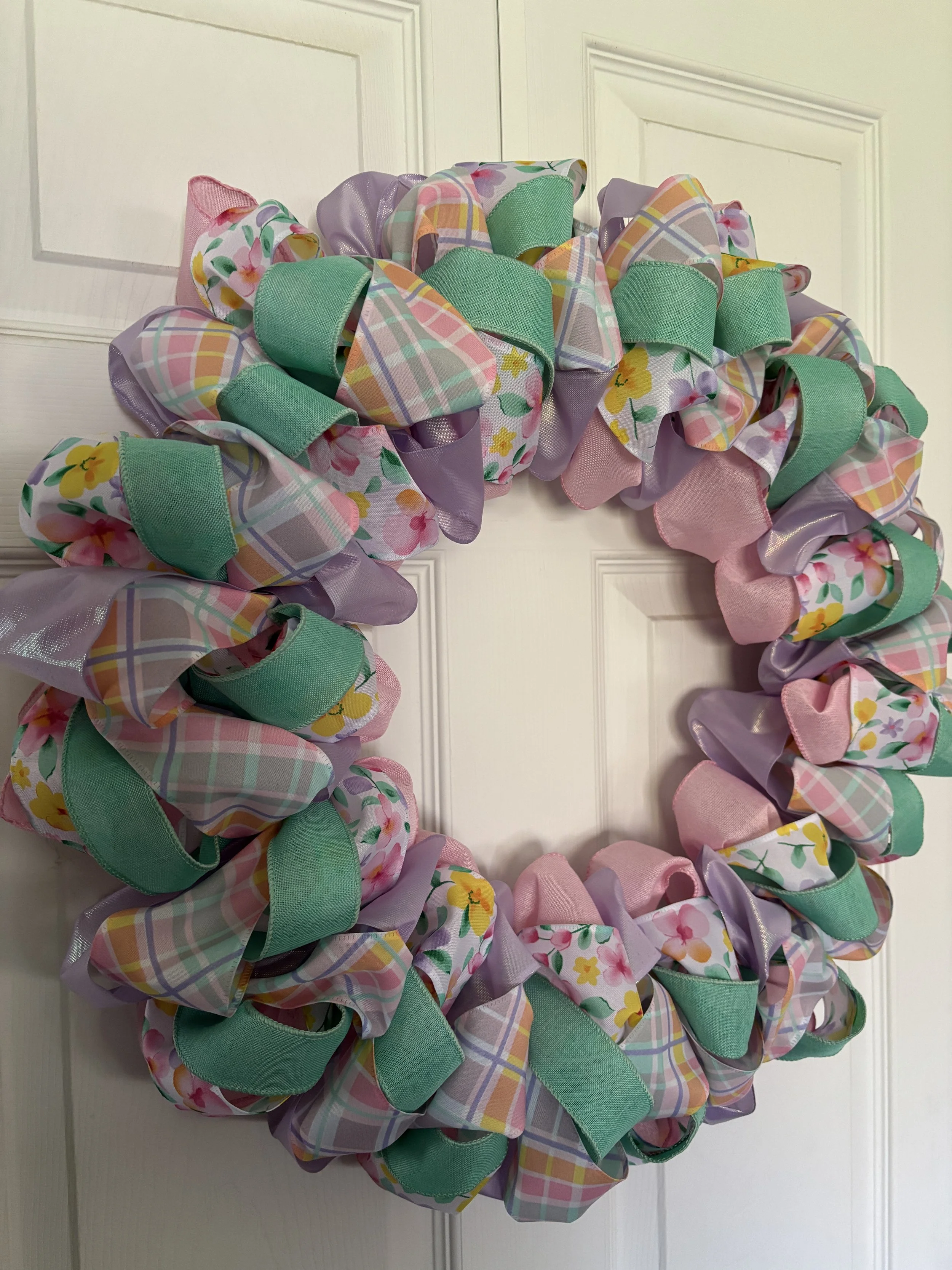 Spring Flowers and Plaid Pastel Ribbon Wreath Left Side.JPG