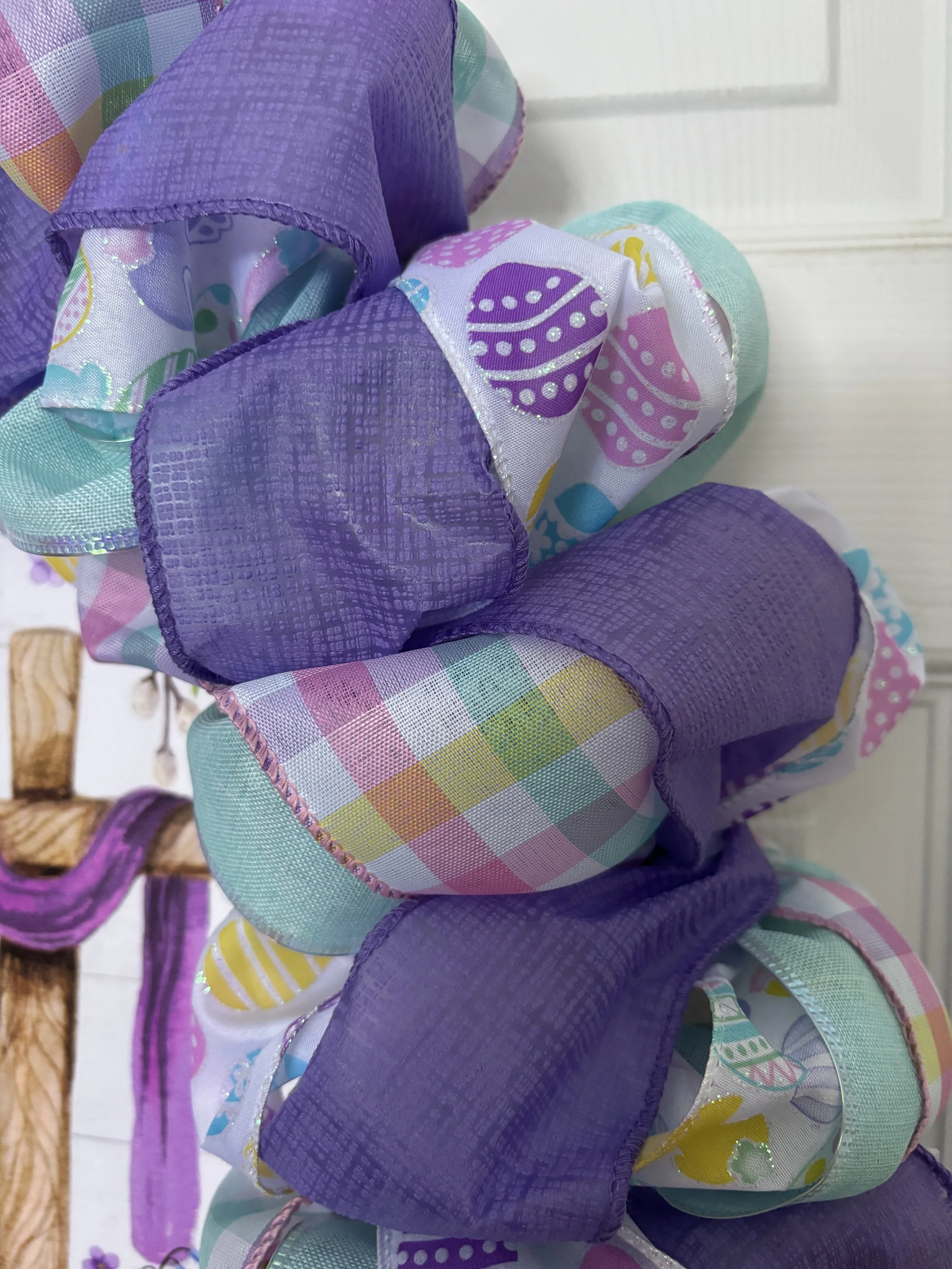 He is Risen Ribbon Wreath with East Eggs Close View.JPG