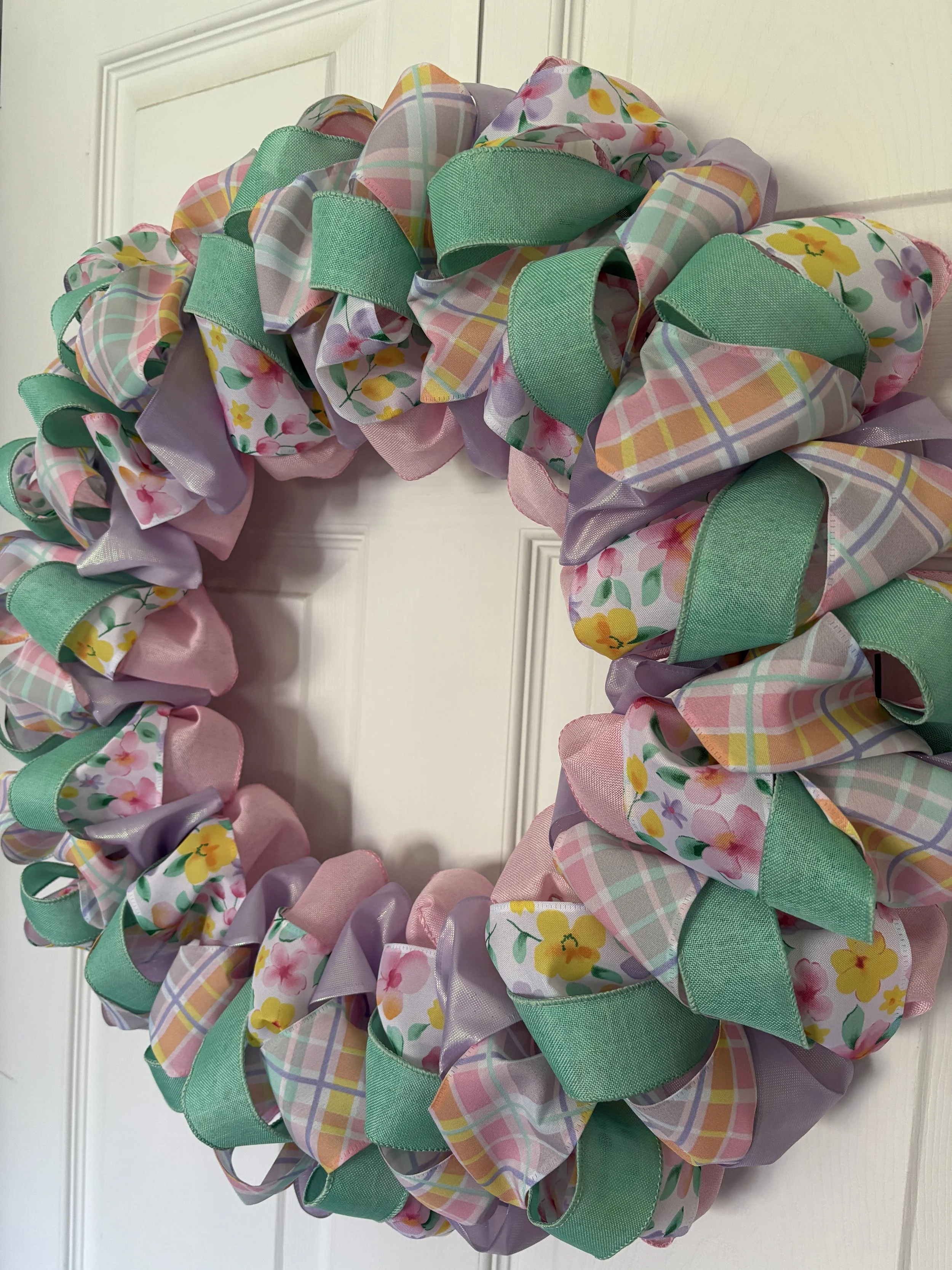 Spring Flowers and Plaid Pastel Ribbon Wreath Right Side.JPG