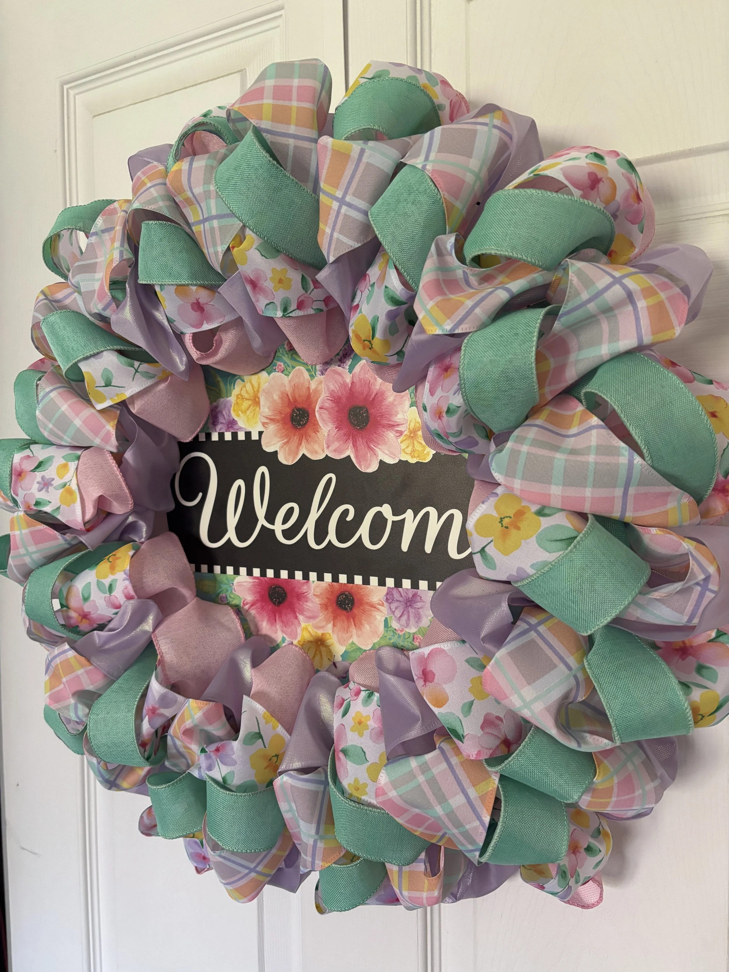 Spring Flowers and Plaid Pastel Welcome Ribbon Wreath Right Side.JPG