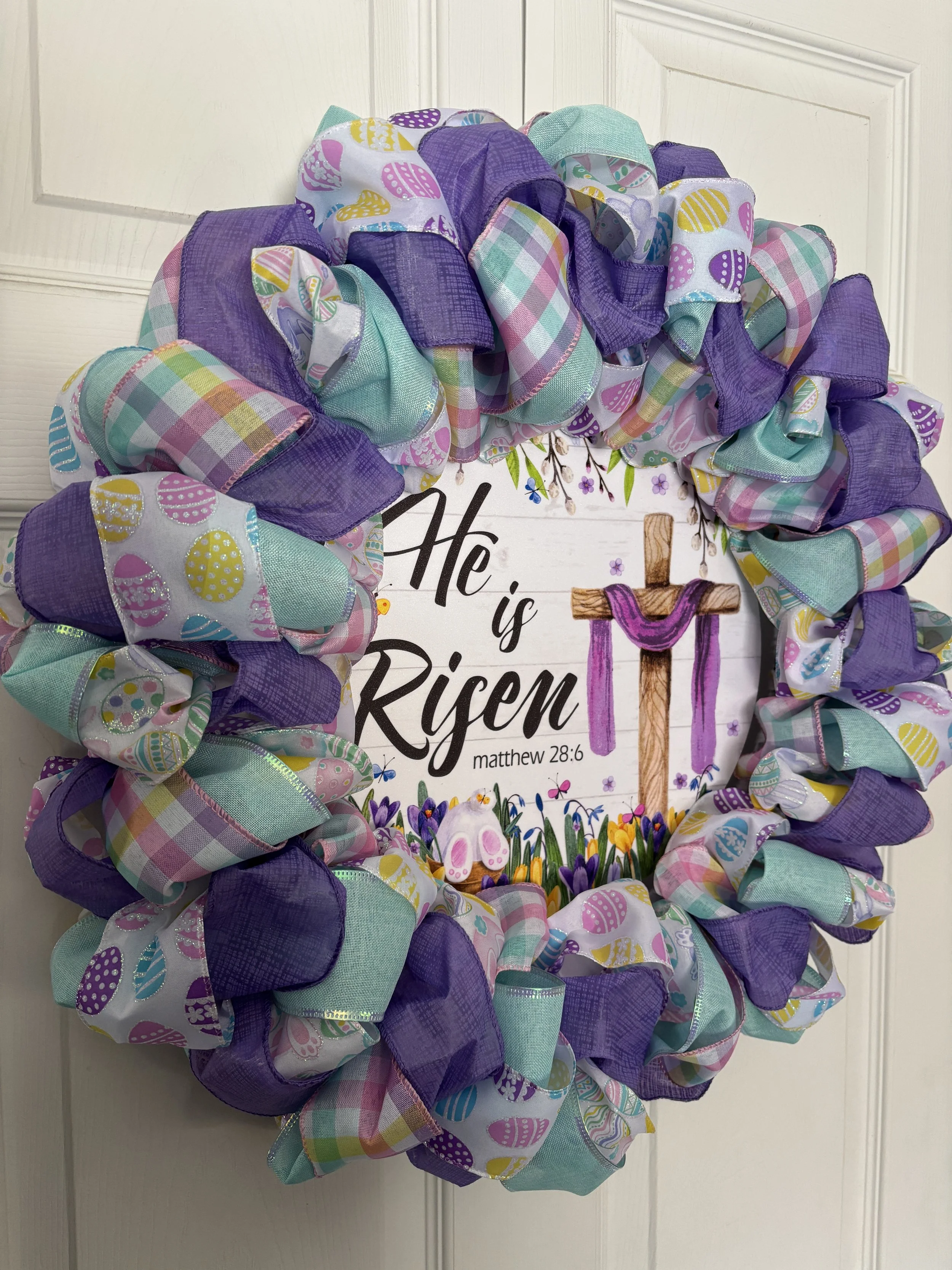 He is Risen Ribbon Wreath with East Eggs Left View.JPG