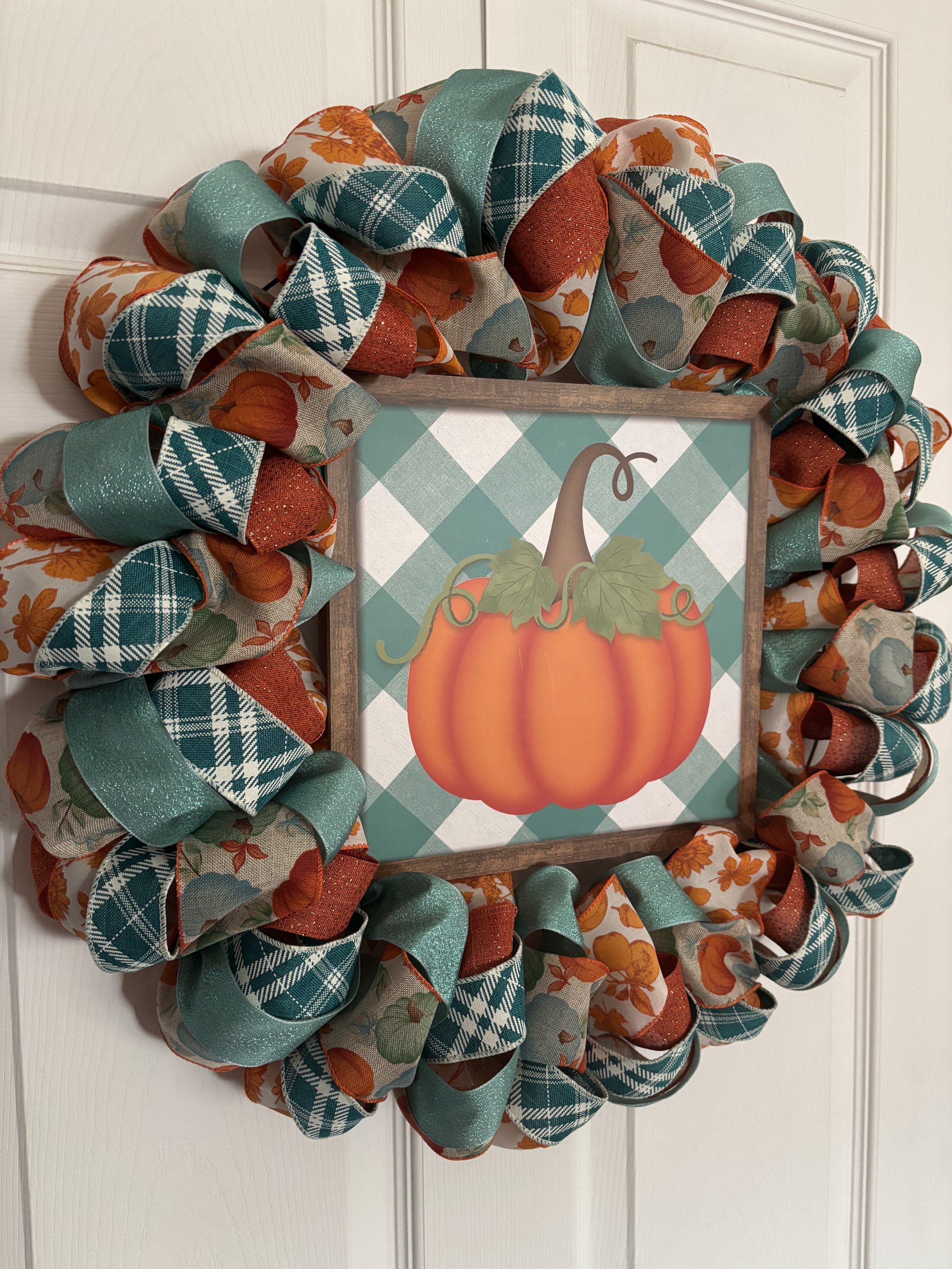 Teal and Orange Pumpkin Wreath Left Side.JPG