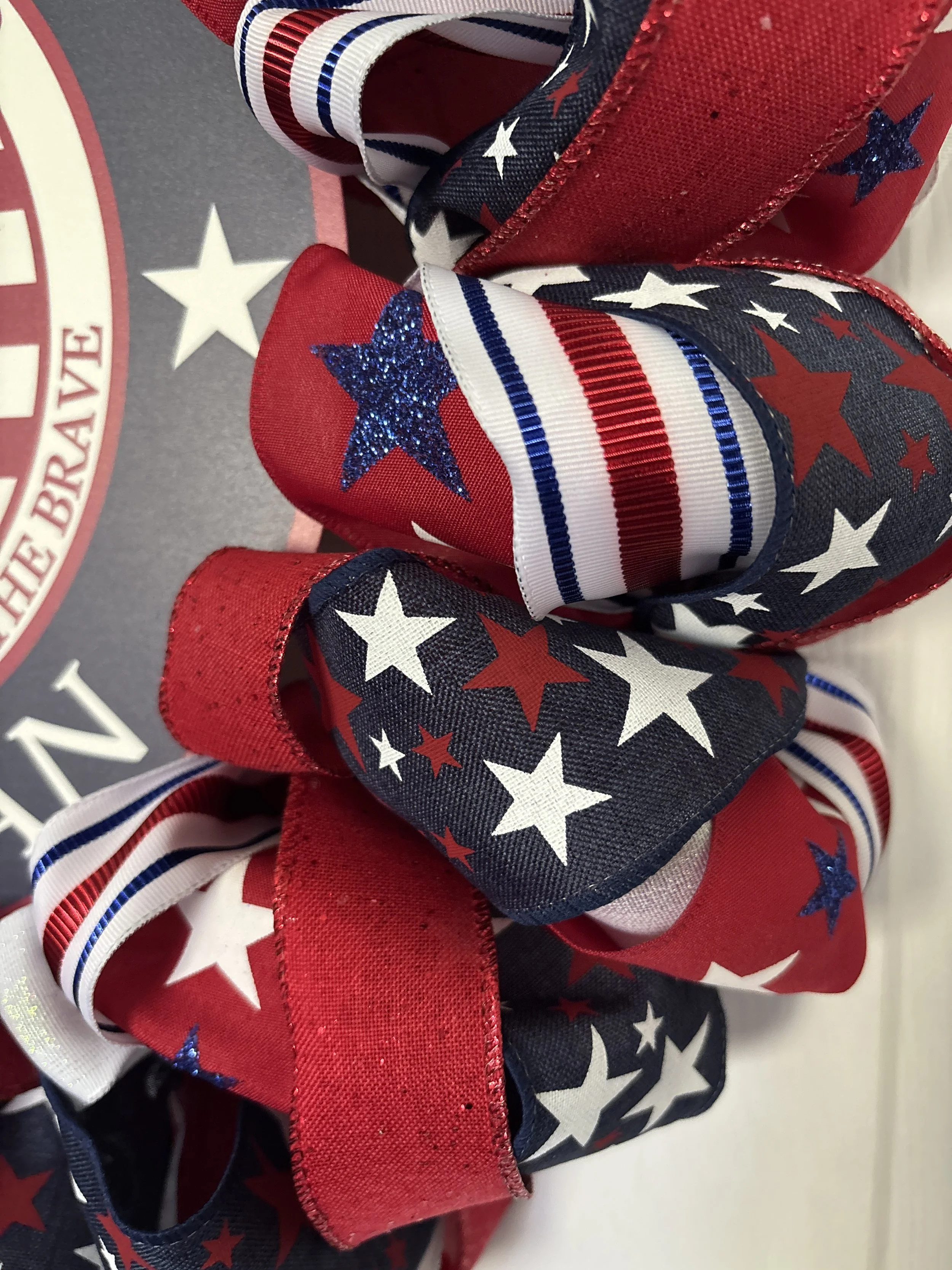 Proud to Be American Red White and Blue Ribbon Wreath Zoom View.JPG