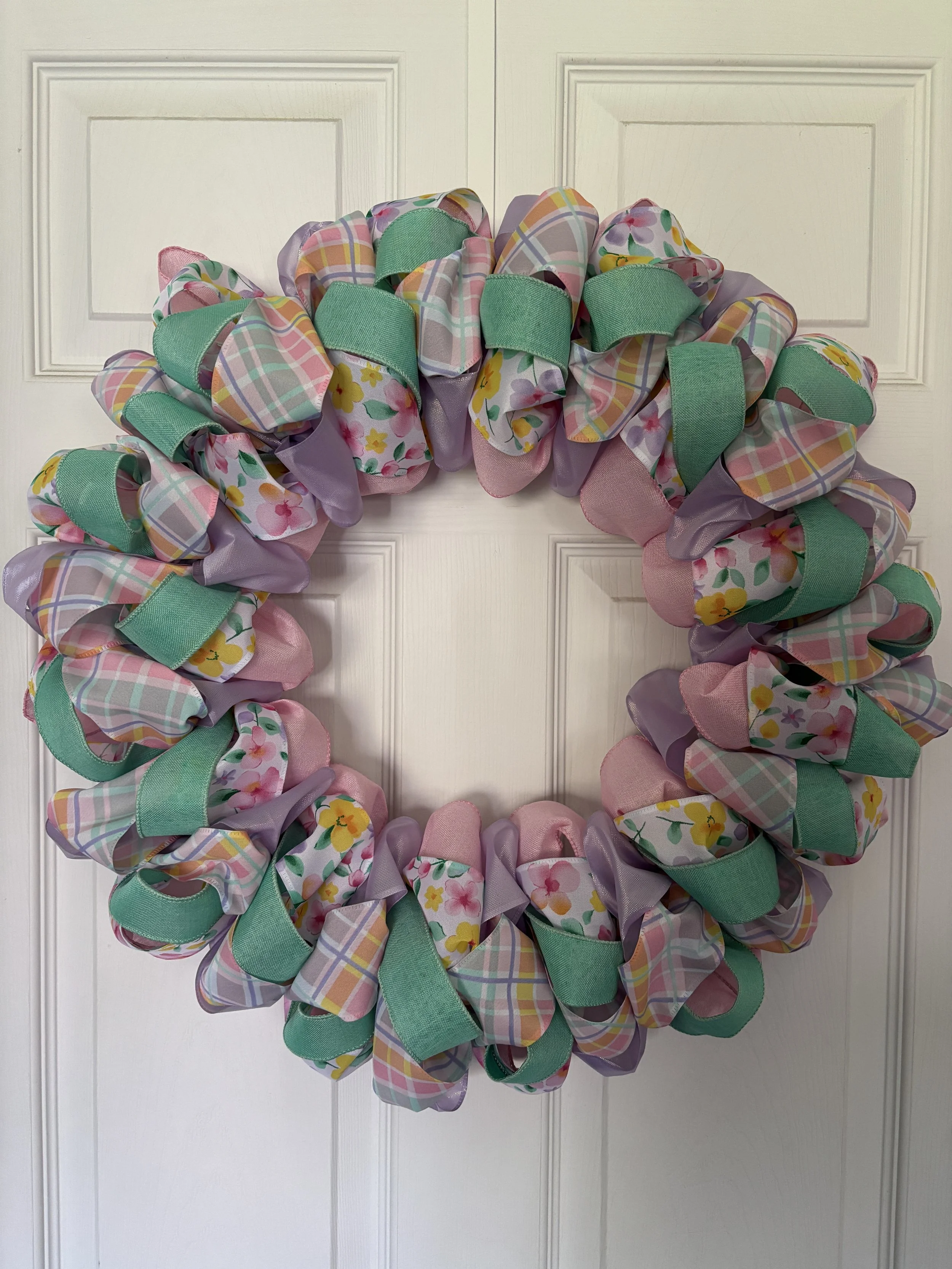 Spring Flowers and Plaid Pastel Ribbon Wreath Front.JPG