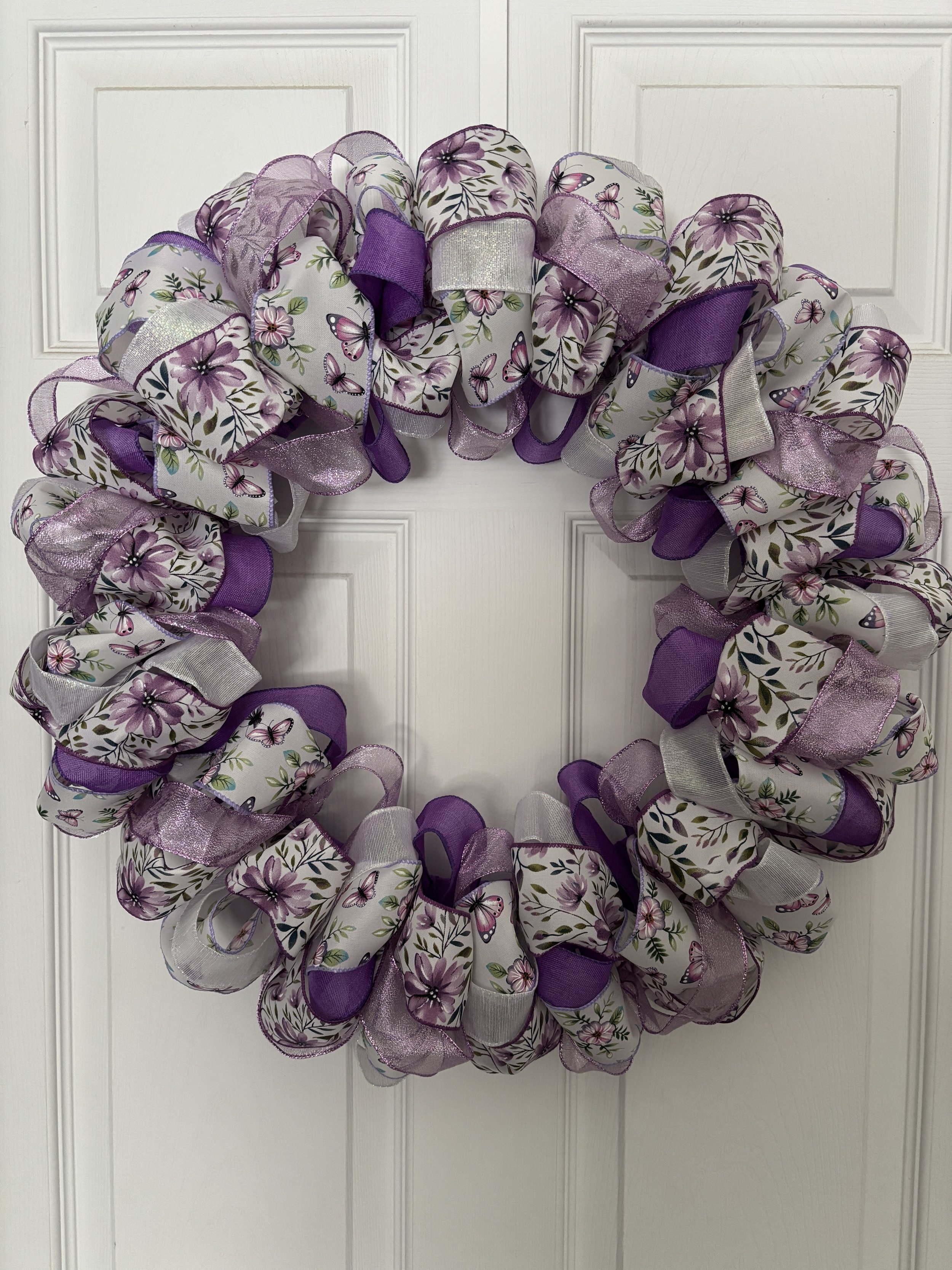 22 Inch  White & Purple Floral Ribbon Wreath