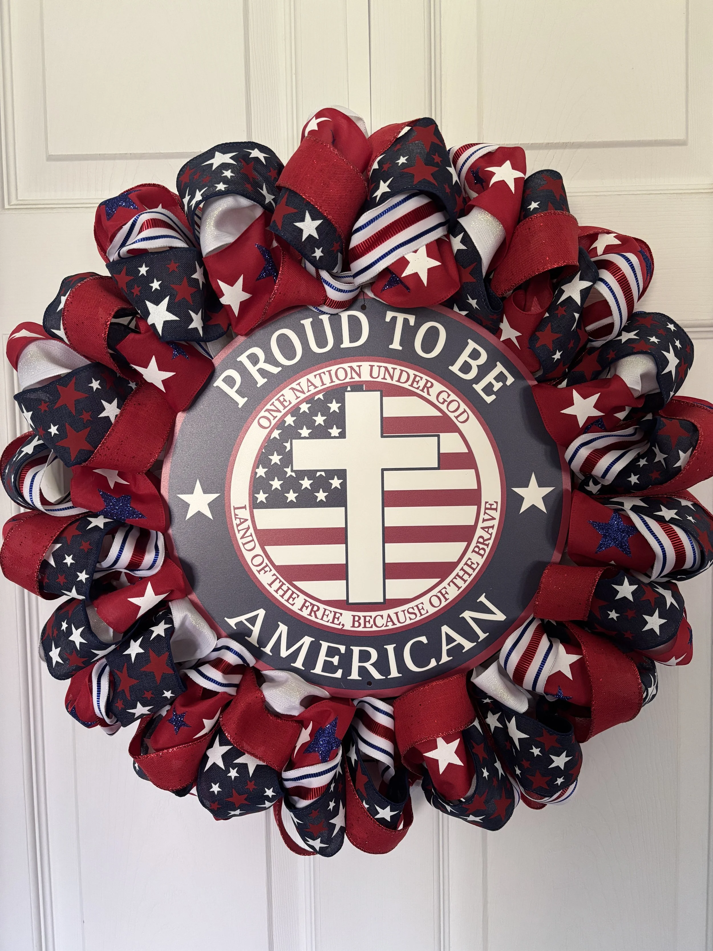 Proud to Be American Red White and Blue Ribbon Wreath Front.JPG