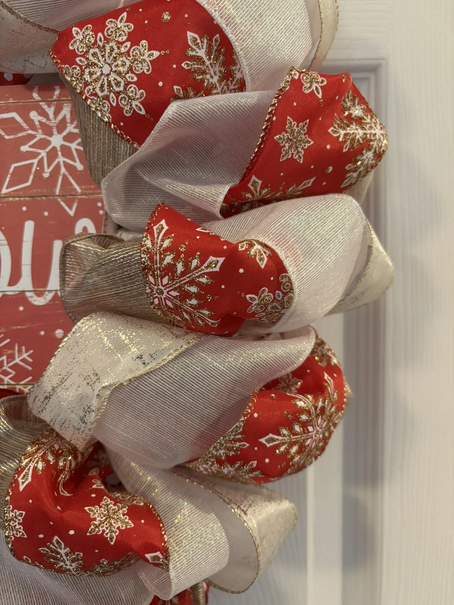 Let It Snow Red, White, and Gold Ribbon Wreath Zoom View.JPEG